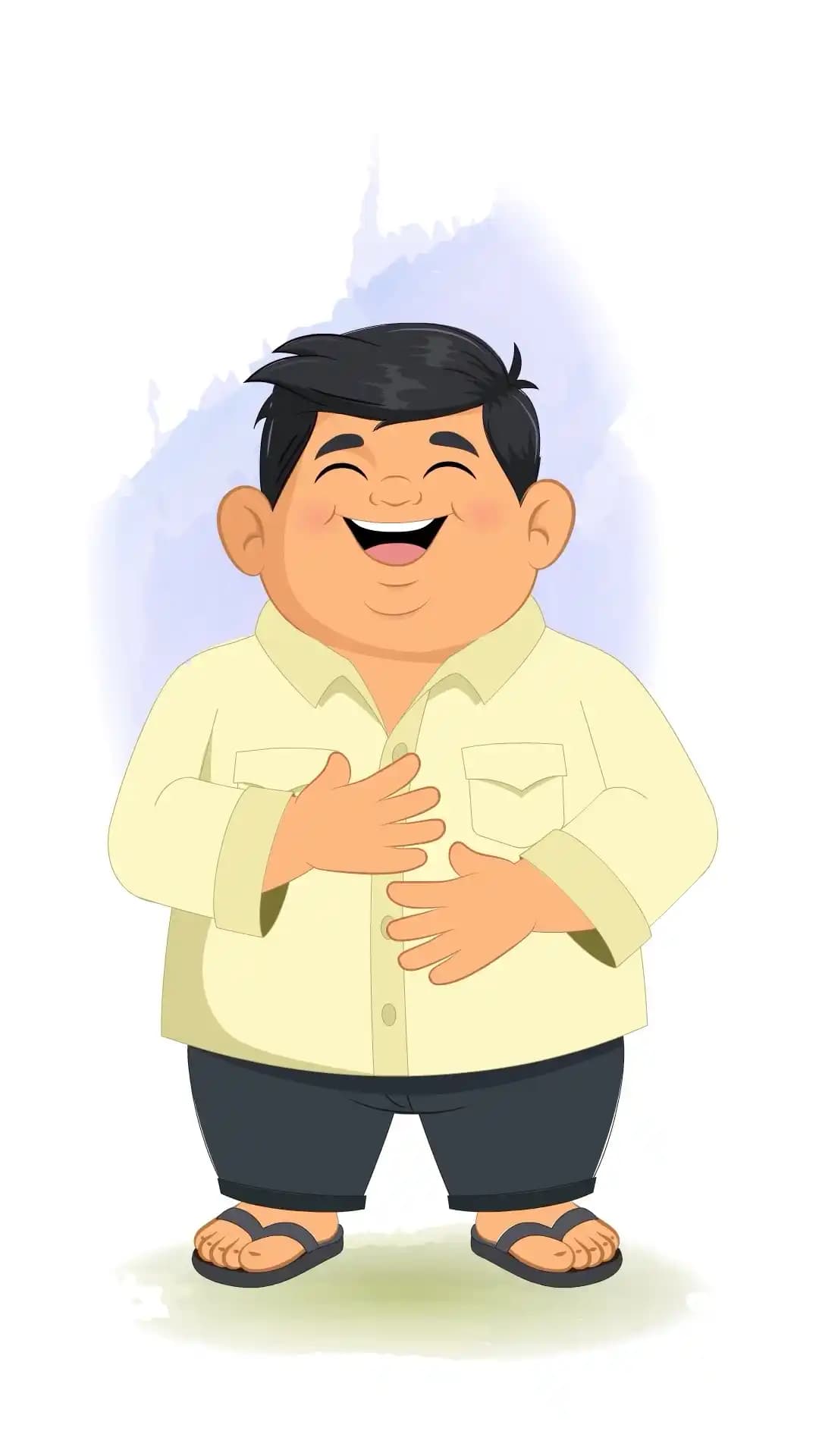 Cute chubby Indian boy in a cream shirt, dark pants, and flip-flops, front view, eyes closed and smiling widely while laughing with both hands on his belly in a friendly cartoon style AKA Monti