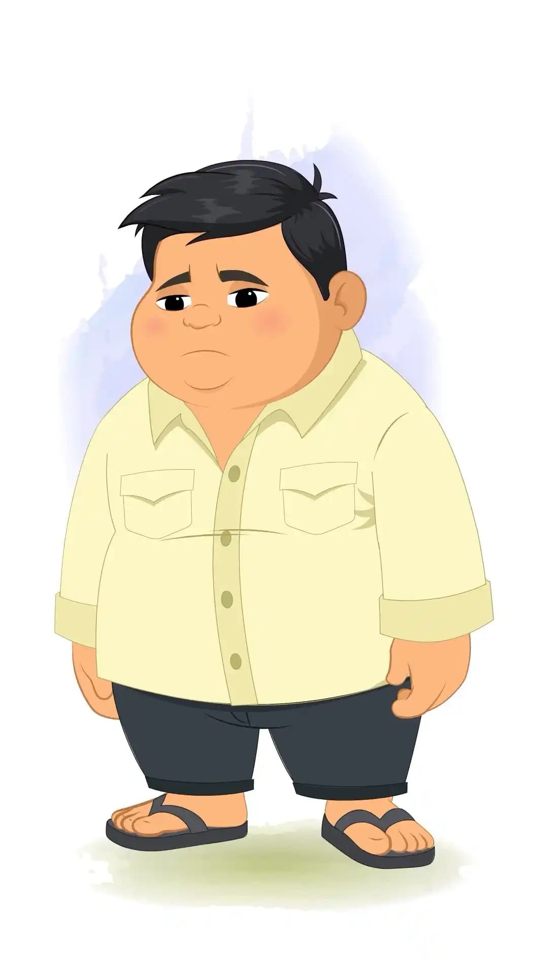 A chubby Indian boy in a cream shirt, dark pants, and flip-flops stands facing forward with a sad, downcast expression and lowered eyes in a clean cartoon vector style AKA monti