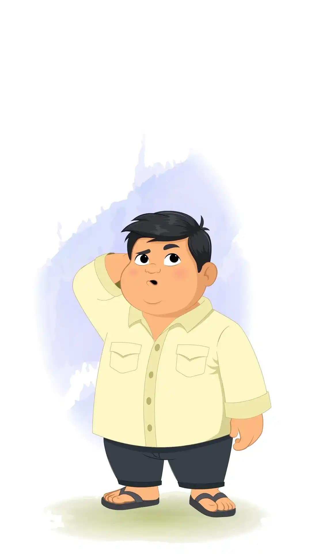 A chubby Indian boy in a cream shirt, dark pants, and flip-flops stands in a three-quarter view with one hand behind his head and an “o”-shaped mouth, showing a confused, thinking expression in a clean cartoon vector style AKA monti