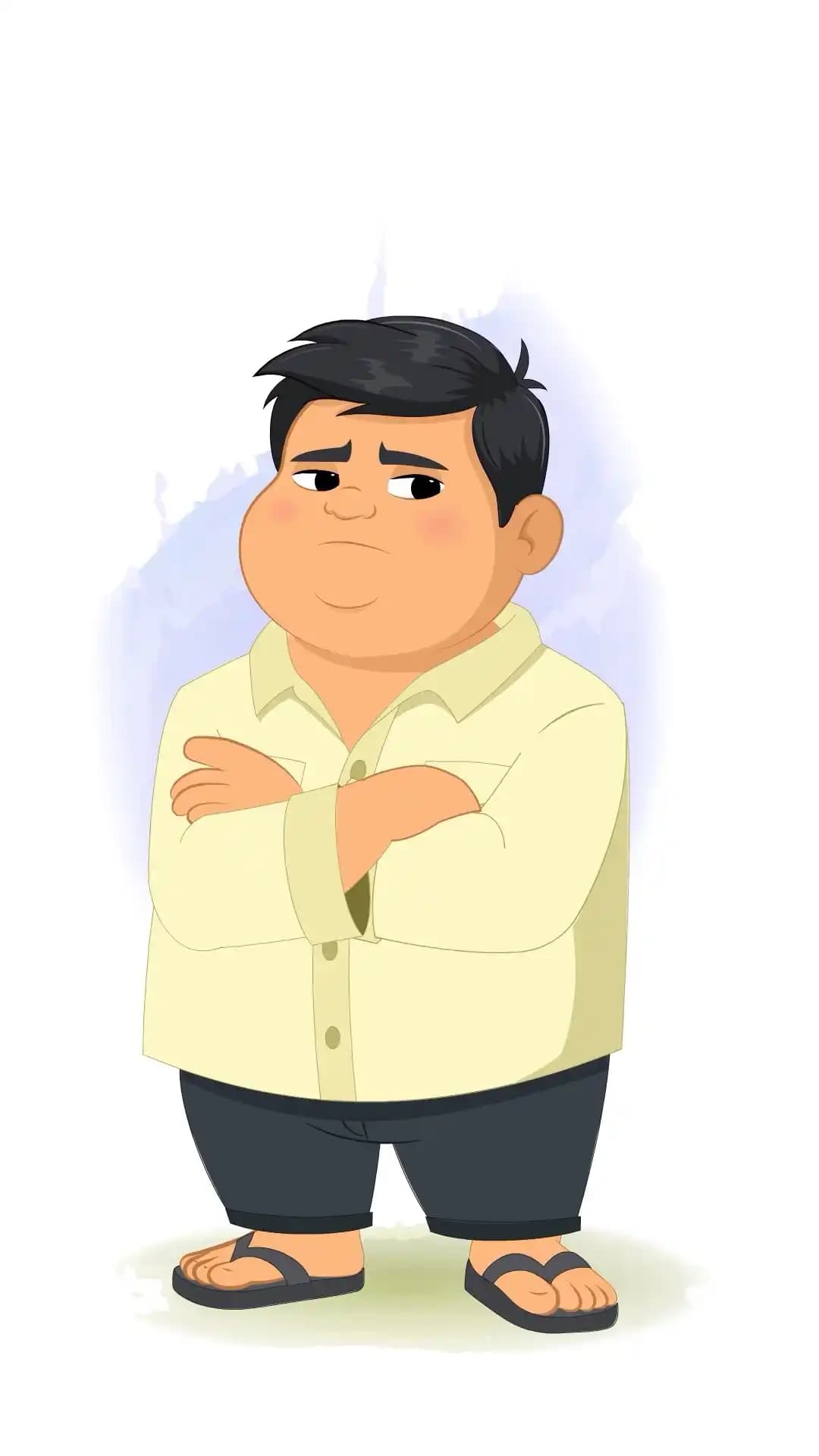 A chubby Indian boy in a cream shirt, dark pants, and flip-flops stands in a three-quarter view with arms crossed and a side-glance, showing an annoyed, displeased expression in clean cartoon style AKA monti