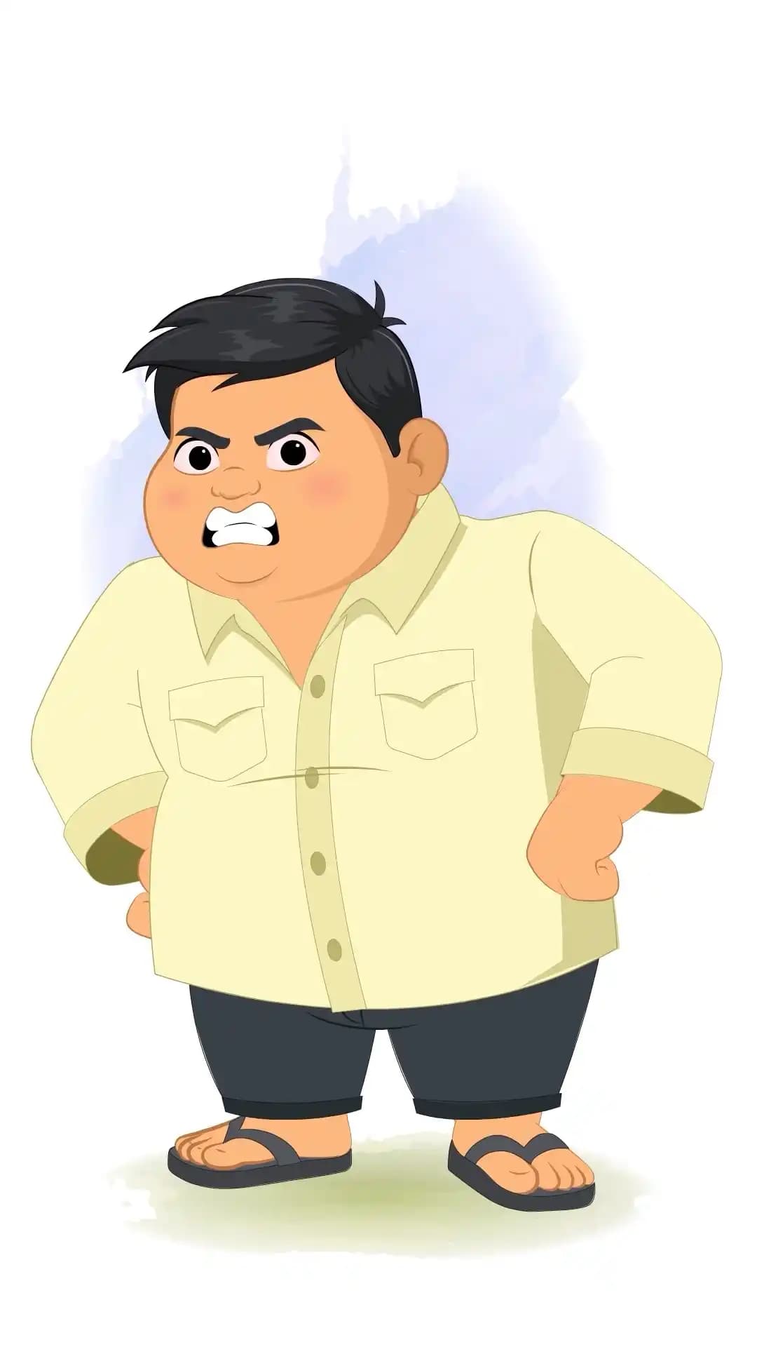 A chubby Indian boy in a cream shirt, dark pants, and flip-flops stands in three-quarter view with hands on hips, gritted teeth, and furrowed brows, showing an angry cartoon expression AKA Monti