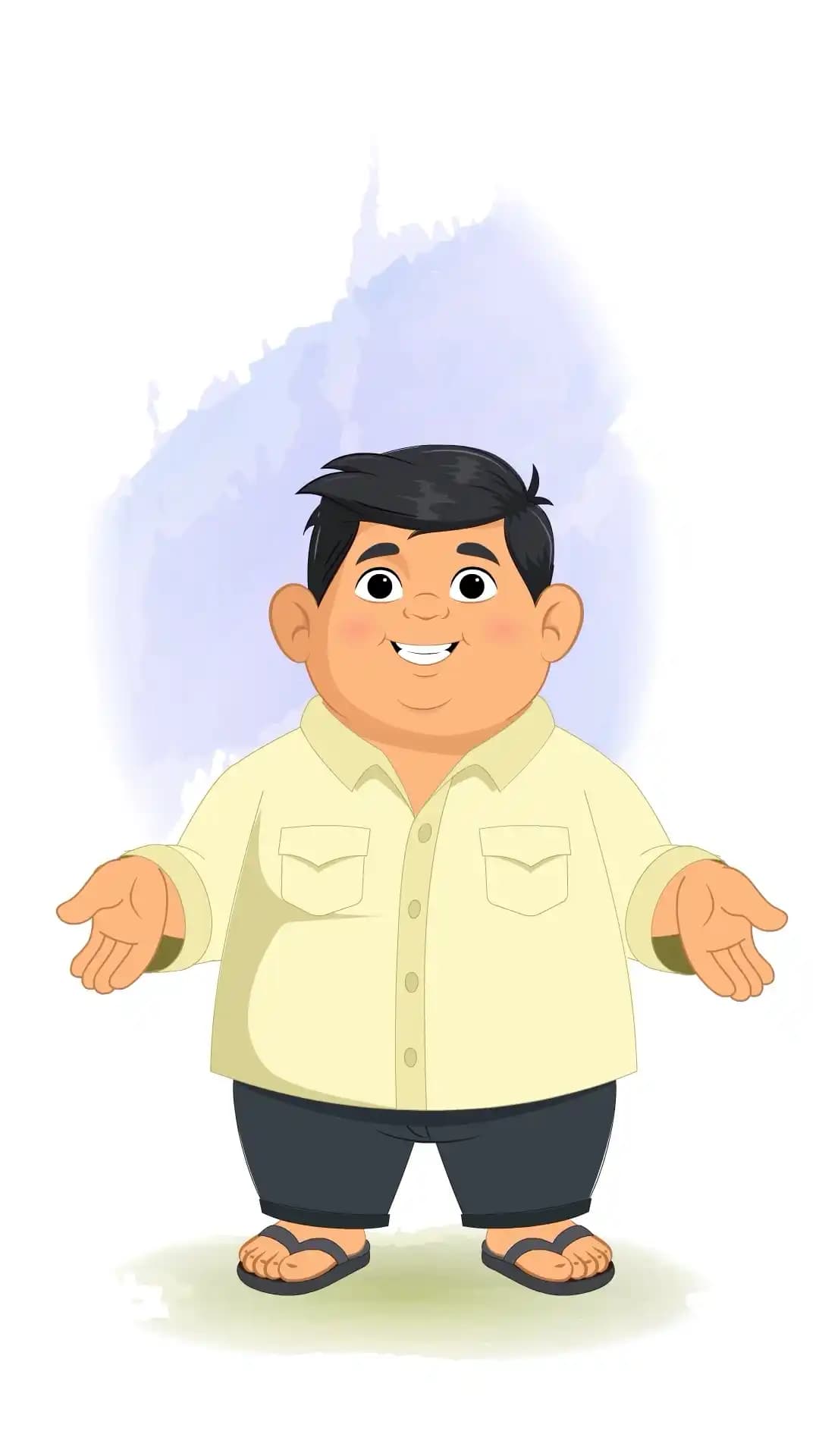A chubby Indian boy in a cream shirt, dark pants, and flip-flops stands front view with open hands, smiling as if speaking in a friendly cartoon style AKA Moni
