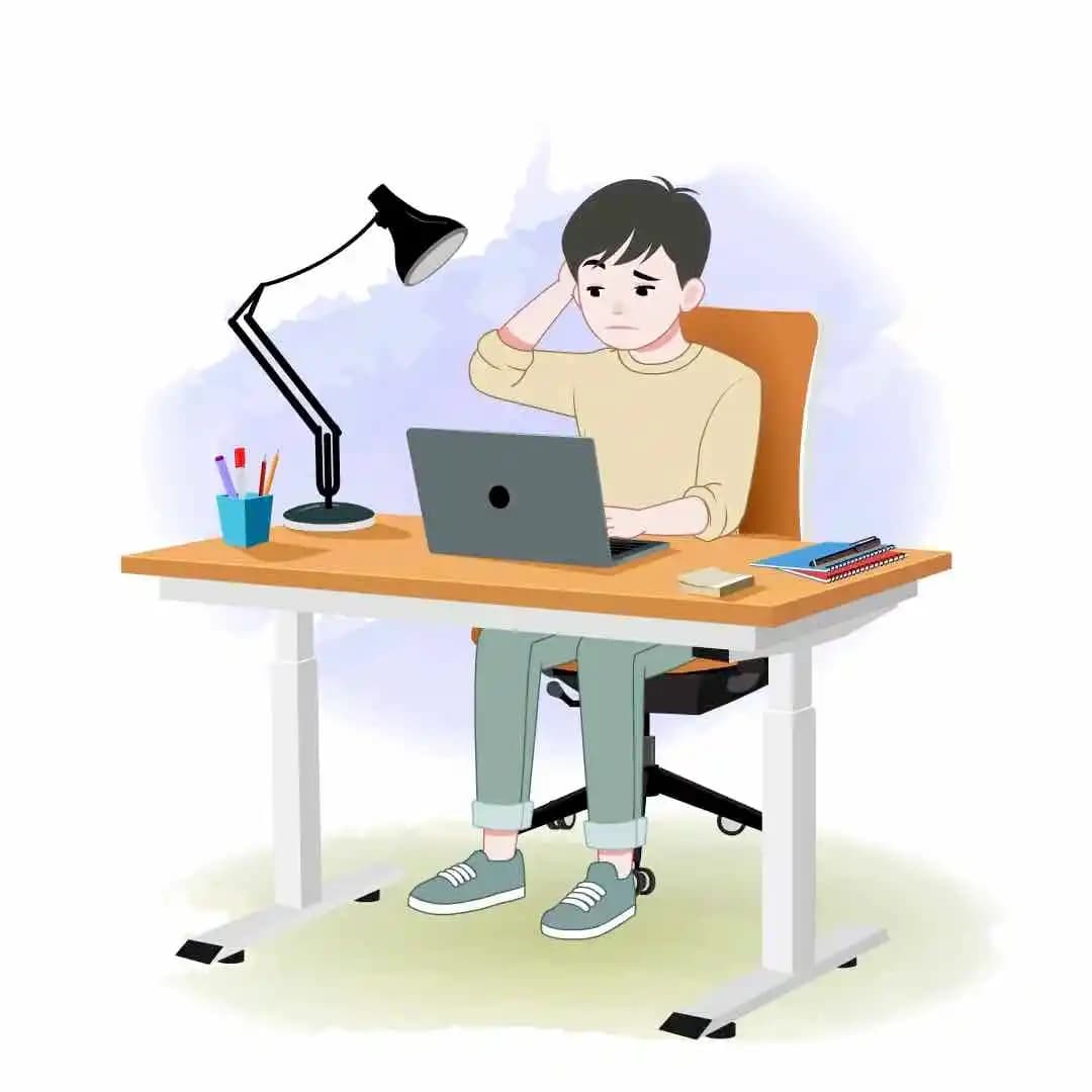 A cute young boy confusedly sitting at a desktop with laptop animated vector cartoon character AKA Jeffrey