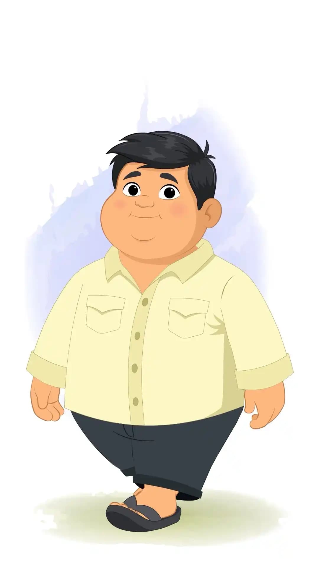 Cute chubby Indian boy in a cream shirt, dark pants, and flip-flops walking in a one-third/three-quarter side view with a friendly expression AKA monti