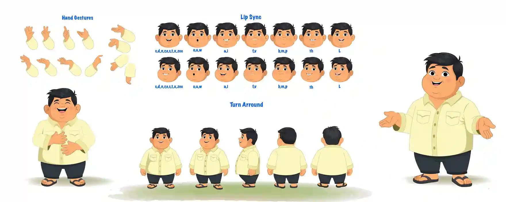 Still illustration model sheet of a cute chubby Indian boy cartoon character showing hand gesture set, 12 lip-sync mouth shapes, and full body turnaround views (front,3/4,side,back)