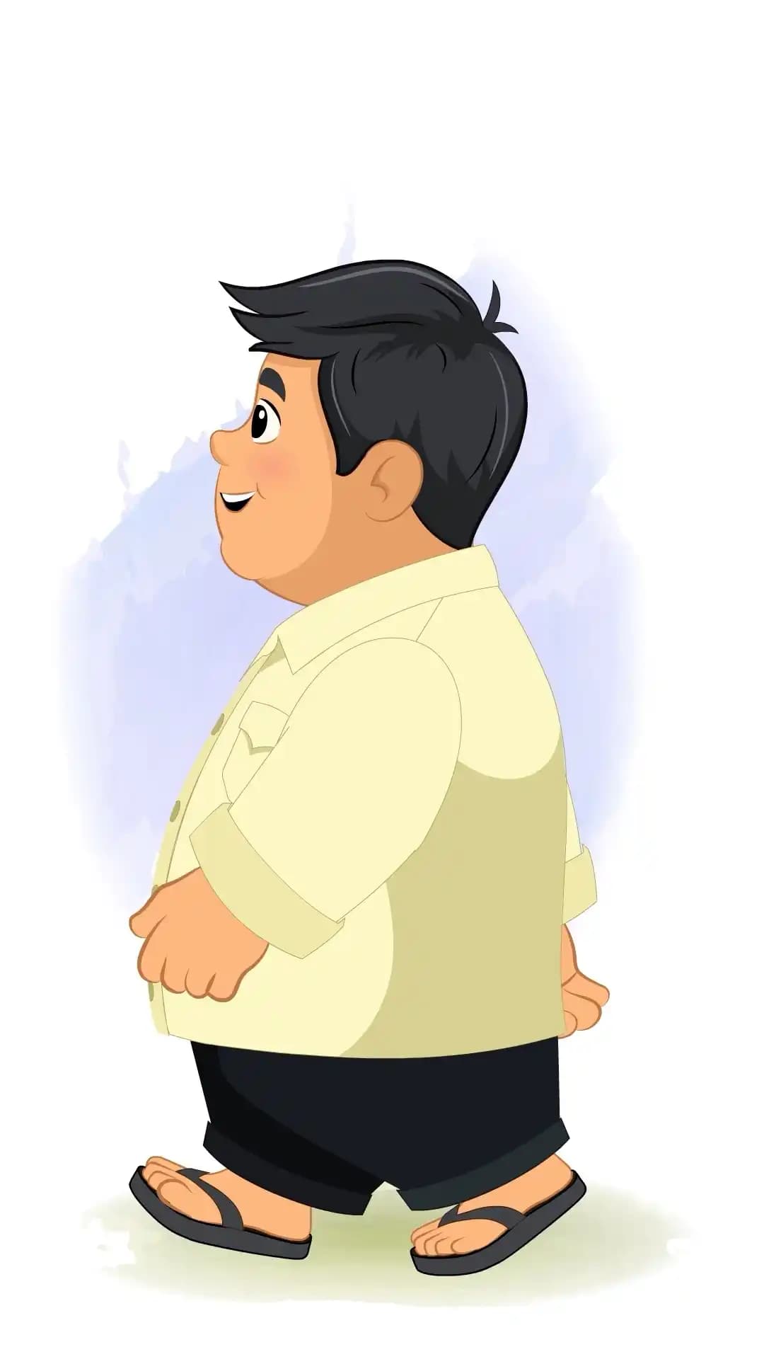 Cute chubby Indian boy in a cream shirt,black pants,and flip-flops walking in full side profile with a happy expression AKA monti