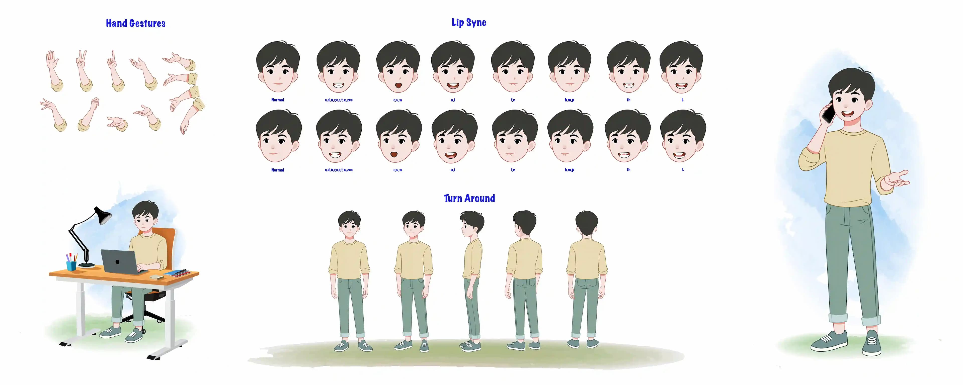 A cute young boy model sheet construction set vector cartoon character AKA Jeffrey