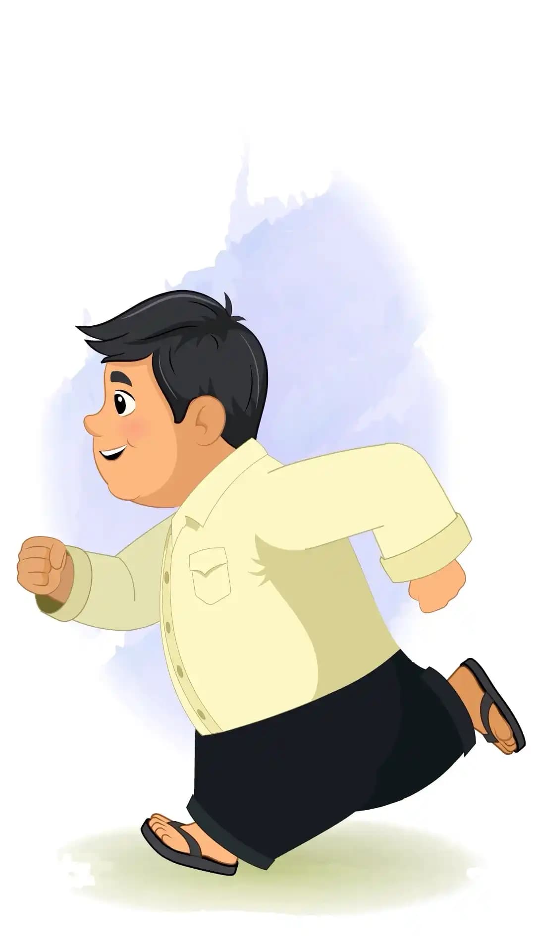 Cute chubby Indian boy in a cream shirt,black pants,and flip-flops running in full side profile with a happy,energetic expression AKA Monti