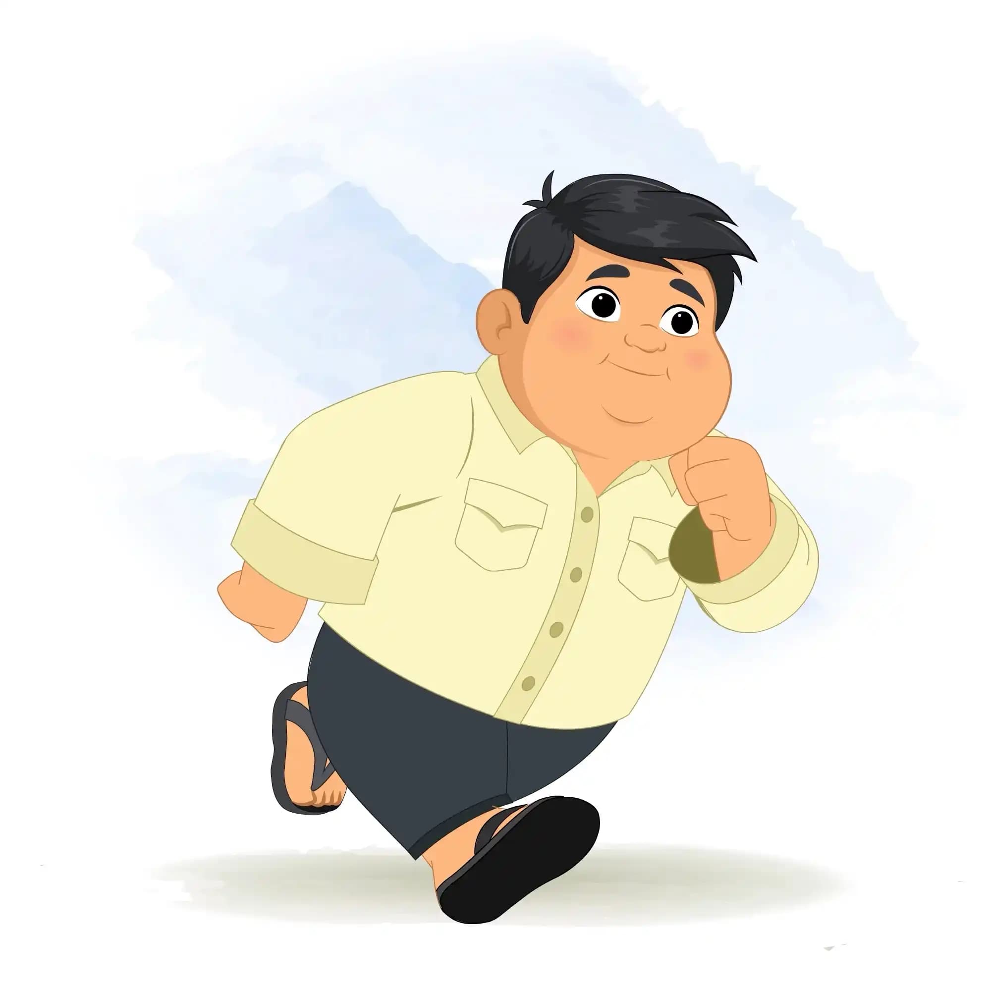 Cute chubby Indian boy running in one-third(three-quarter) view wearing a cream shirt,black pants,and flip-flops with a cheerful expression AKA Monti