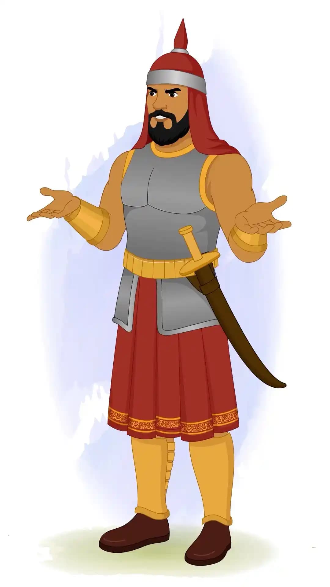 A sturdy medieval soldier in gray breastplate, red tunic, gold greaves and pointed helmet, shown in three-quarter view with both arms extended as if addressing troops AKA Adham Khan