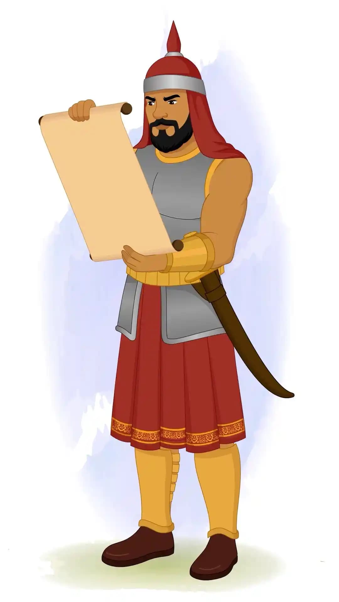 A vigilant medieval foot soldier in gray armor and red skirt stands upright, holding and reading an unrolled parchment scroll with focused expression AKA  Adham Khan