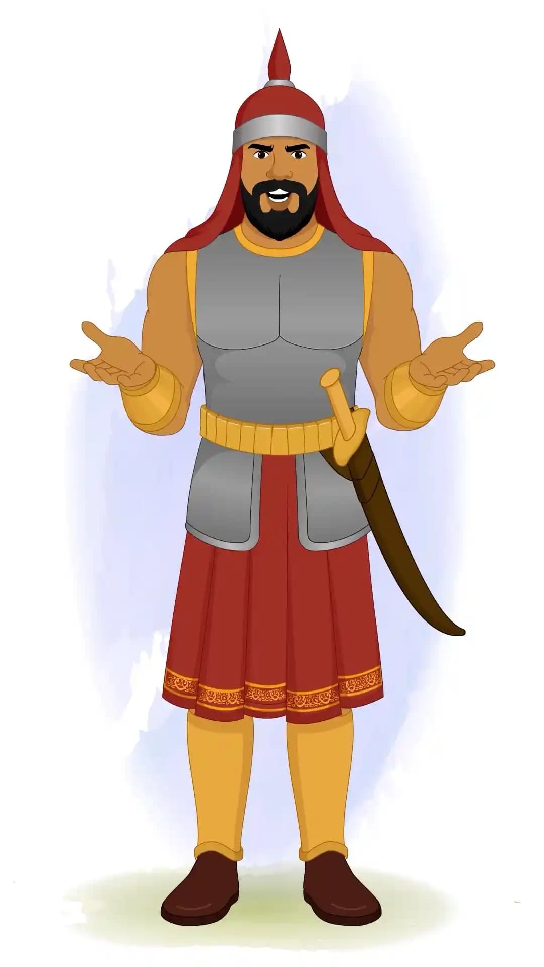 Front-facing medieval foot soldier in gray armor and red skirt, arms outstretched in a questioning / explanatory gesture, with sword at his side AKA Adham khan