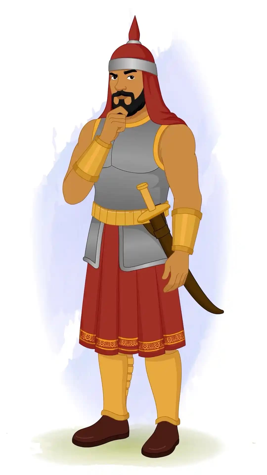 A strong medieval foot soldier in gray breastplate and red skirt standing in three-quarter view, hand on chin and eyes looking upward in a thoughtful, contemplative gesture AKA Adham Khan