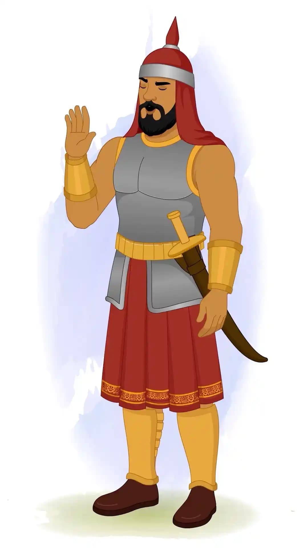 A stern medieval foot soldier in gray armor and red skirt, eyes closed and right hand raised palm-out in a “stop” gesture, signaling refusal AKA Adam khan