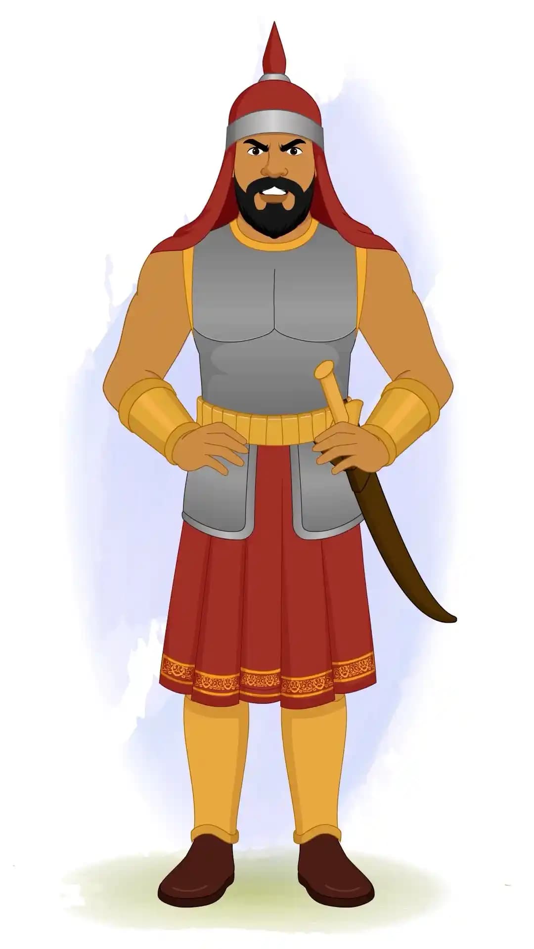 Front-facing medieval foot soldier in gray armor and red kilt, scowling angrily with hands poised on his sword’s hilt AKA Adham khan