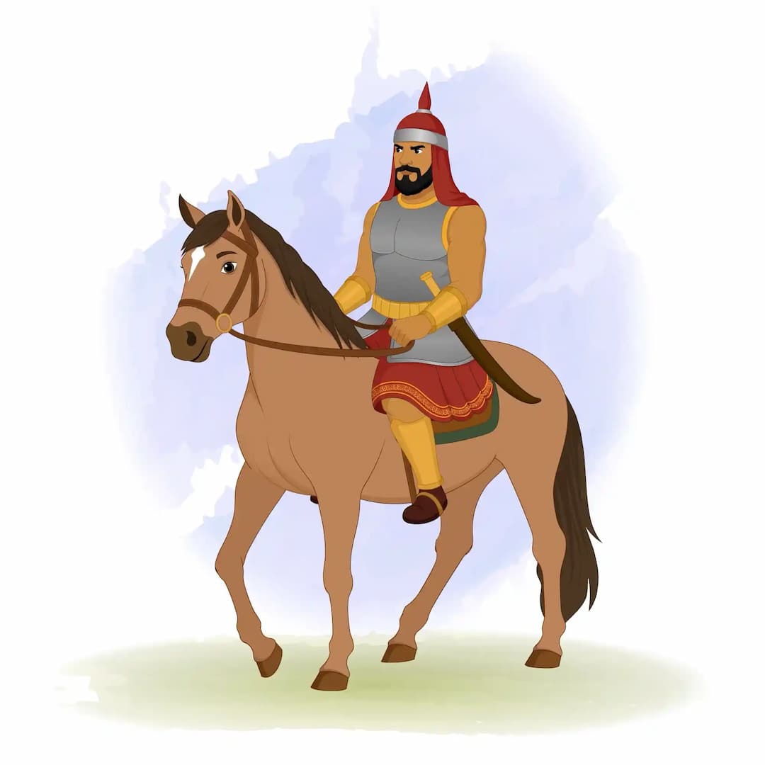 A medieval foot soldier in gray armor and red kilt riding a brown horse, holding the reins with a sword at his side AKA Adham khan