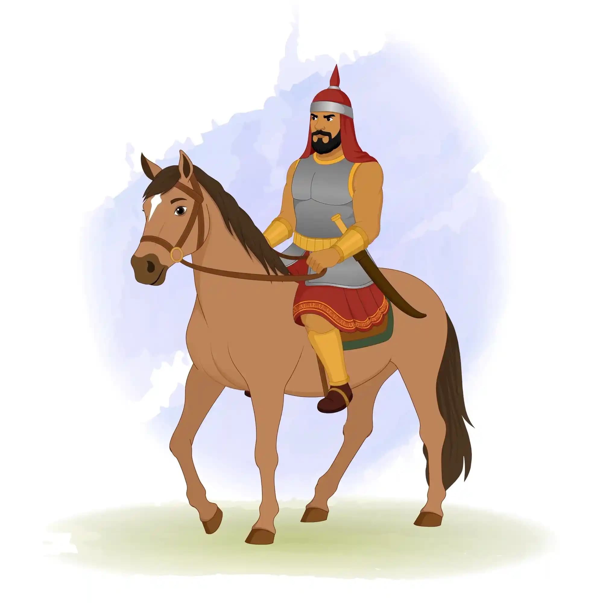 A medieval foot soldier in gray armor and red kilt riding a brown horse, holding the reins with a sword at his side AKA Adham khan