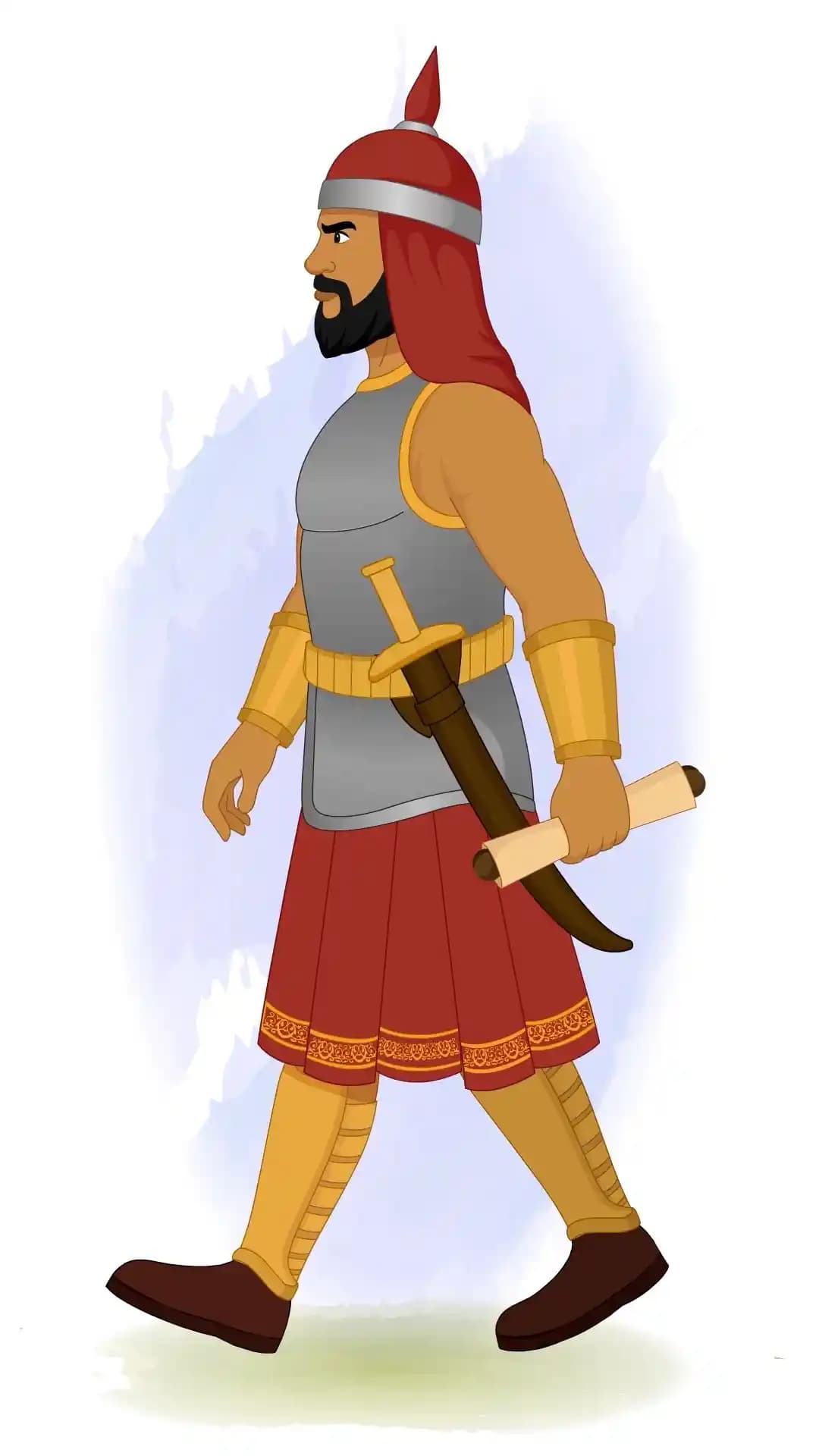 Side-profile of a medieval foot soldier in gray armor and red kilt walking while holding a rolled parchment scroll AKA Adham Khan