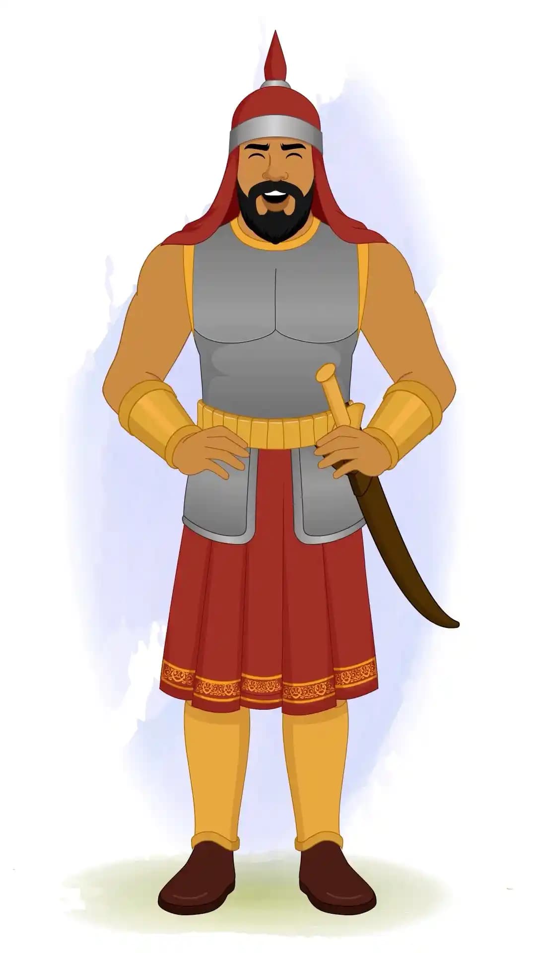 A front-facing medieval foot soldier in gray armor and red kilt, arms at waist, laughing heartily with eyes closed AKA Adham Khan