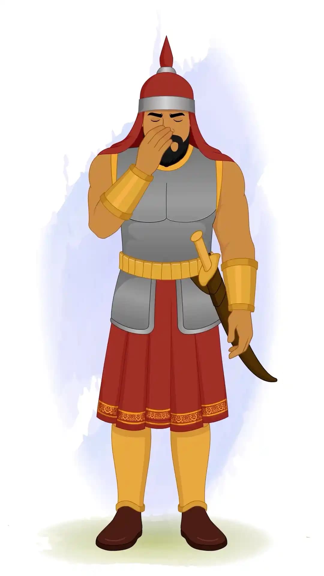 A front-facing medieval foot soldier in armor and red kilt, standing with eyes closed and right hand raised to his forehead in a respectful salam gesture AKA Adham khan