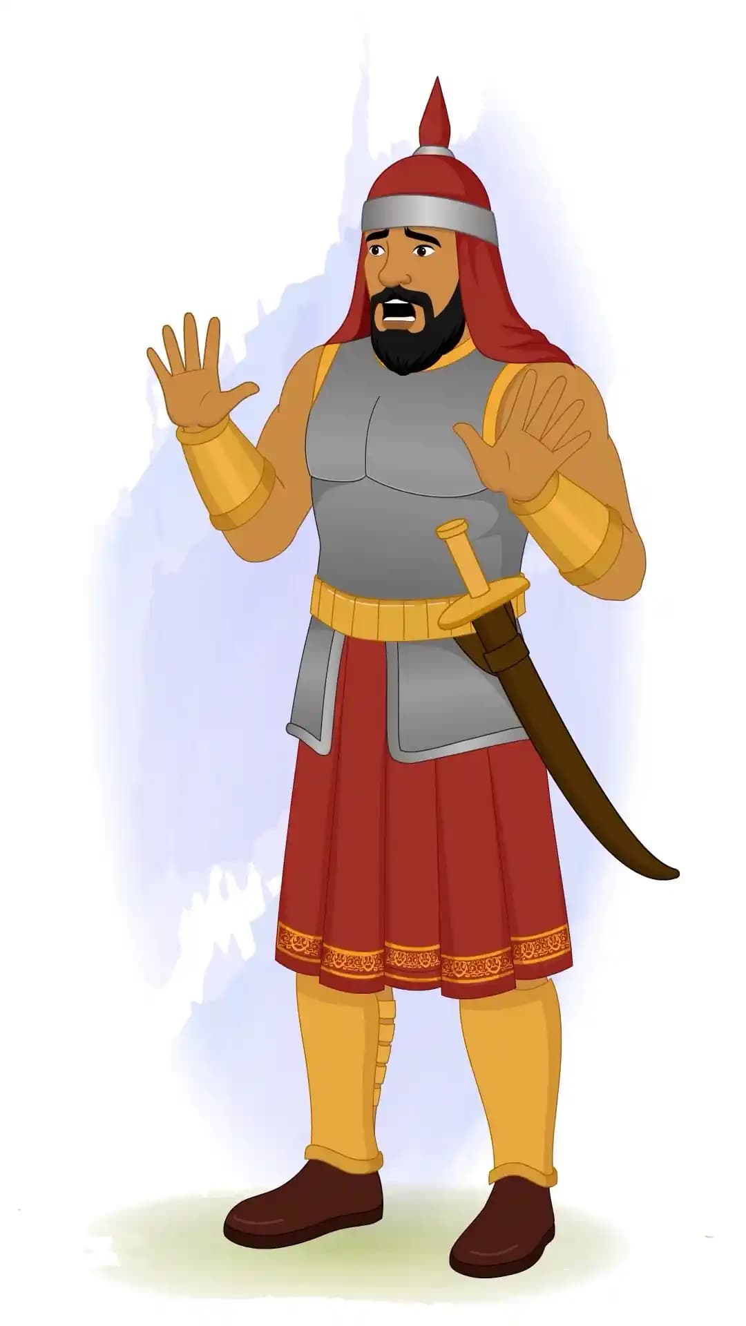 A cartoon medieval warrior in red and silver armor raises both hands in panic, eyes wide and mouth open in terror, as if startled by danger AKA Adham Khan