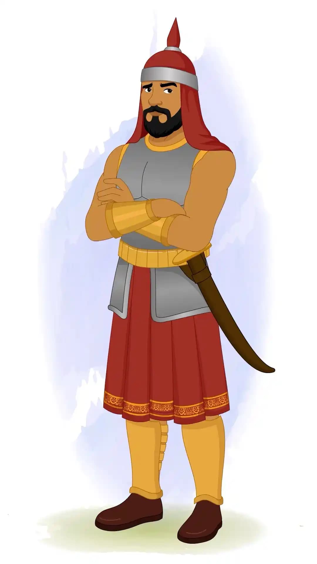 A medieval warrior in silver breastplate and red skirt armor stands in a one-third front view with arms crossed and a puzzled, furrowed-brow expression, as if unsure of his next command AKA Adham Khan