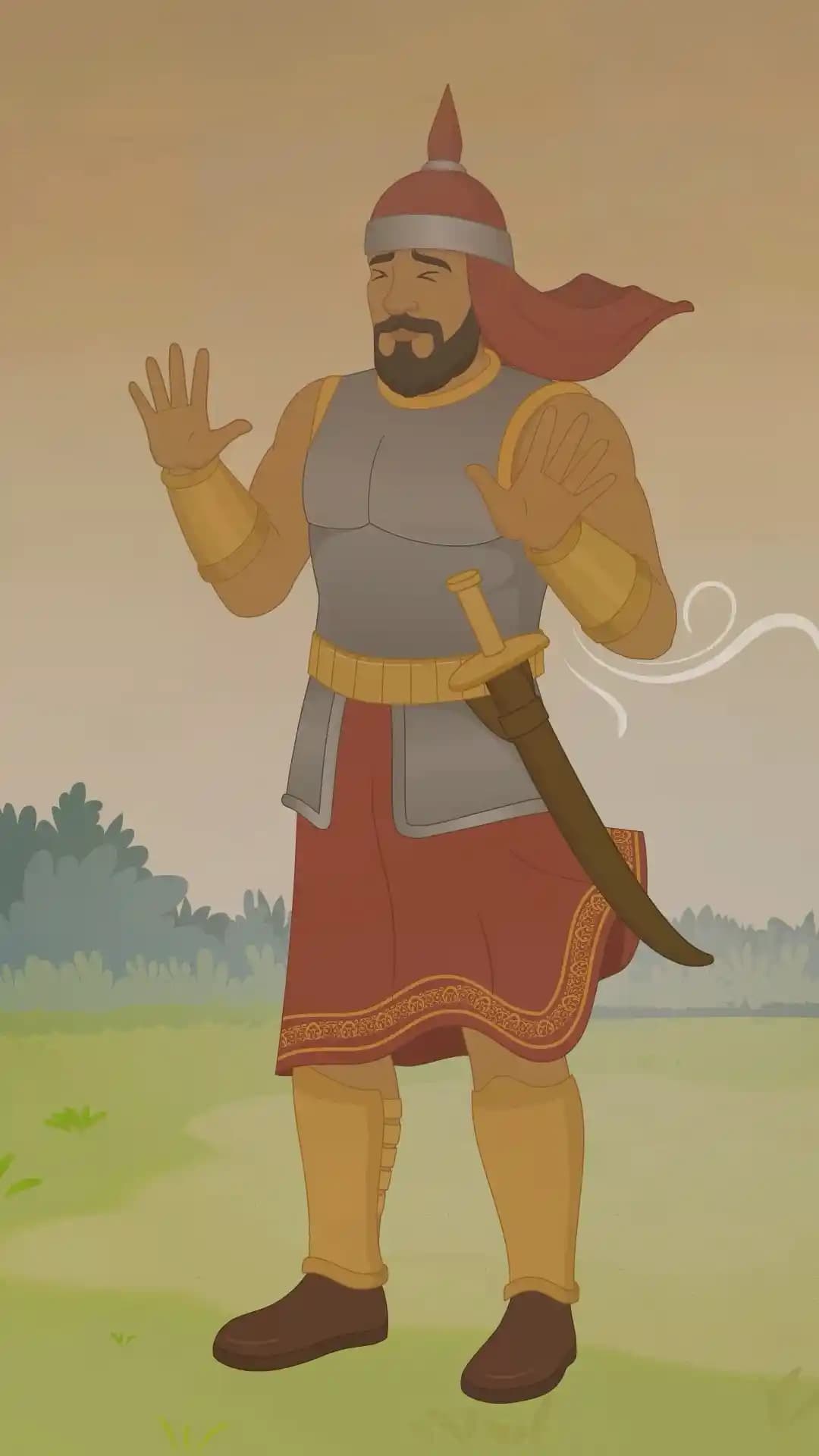 A medieval warrior in silver armor and red skirt storms off to the right, head turned away, both palms raised defensively, with his red shoulder drape and skirt billowing dramatically in the wind AKA Adham Khan