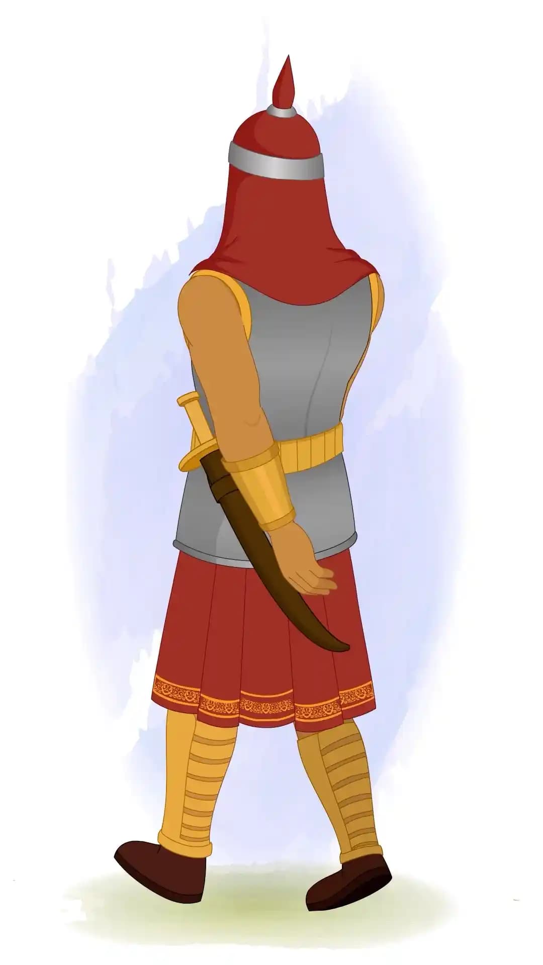 A medieval warrior seen from a back-three-quarter view, walking to the right with a sword sheathed at his side, red drape and skirt slightly swinging, armored greaves visible AKA Adham Khan