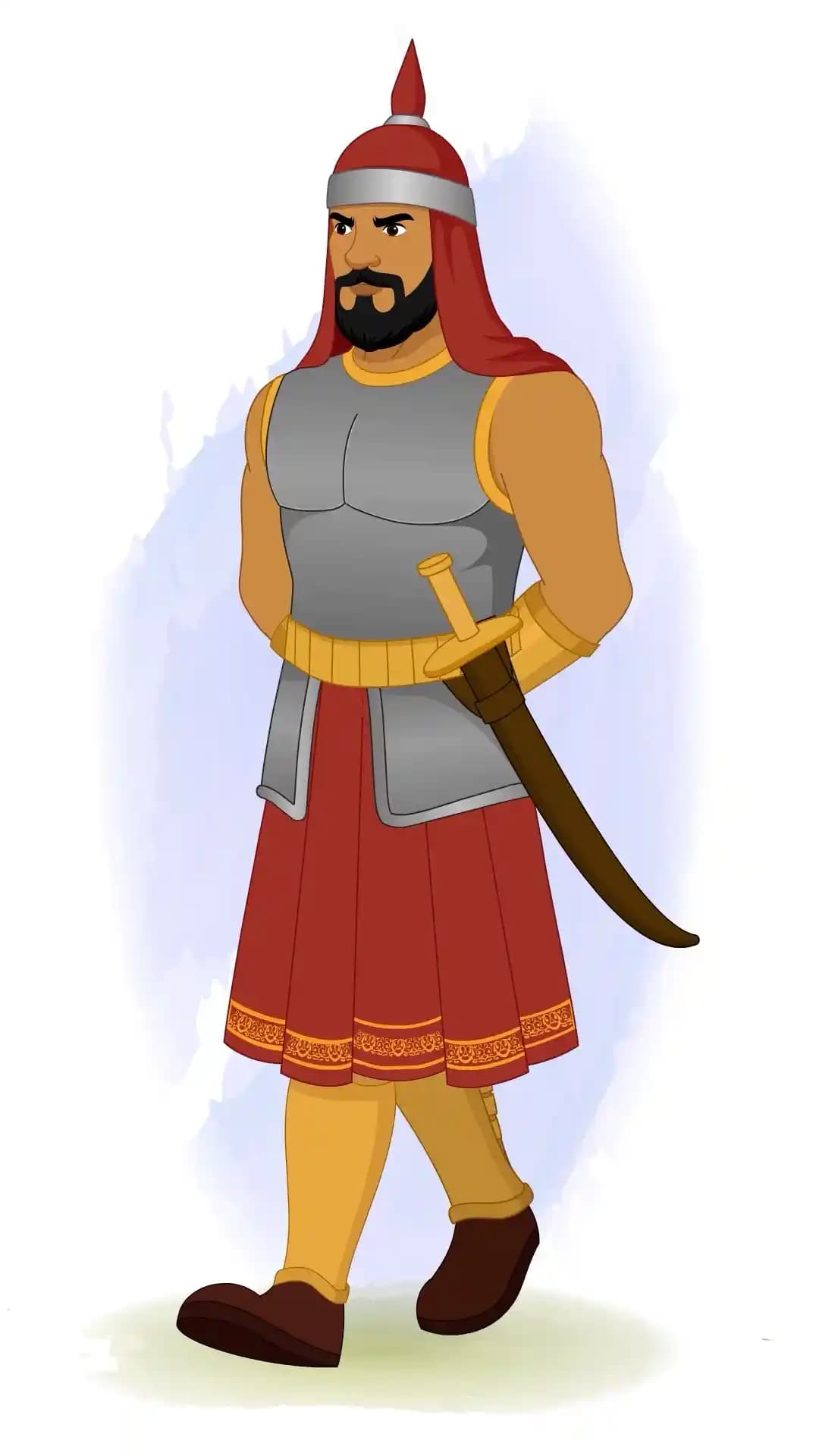 A medieval warrior in plated armor and red drape, walking slowly to the right with hands clasped behind his back, sword sheathed at his side AKA Adham Khan