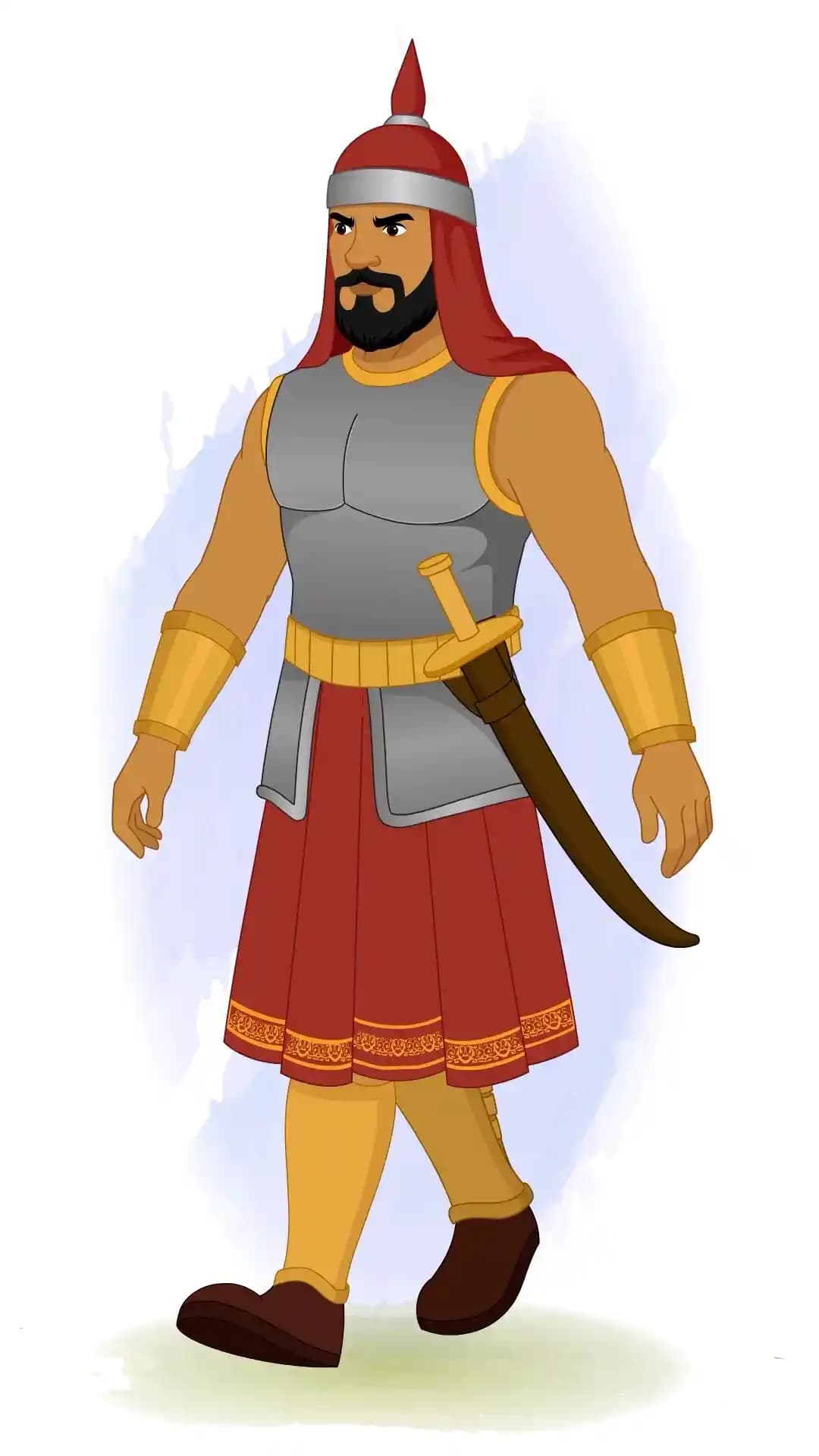 A medieval trooper in plated armor and red drape seen in a three-quarter profile, striding forward with his left leg leading, arms naturally swinging by his sides, sword sheathed at his waist AKA Adham Khan