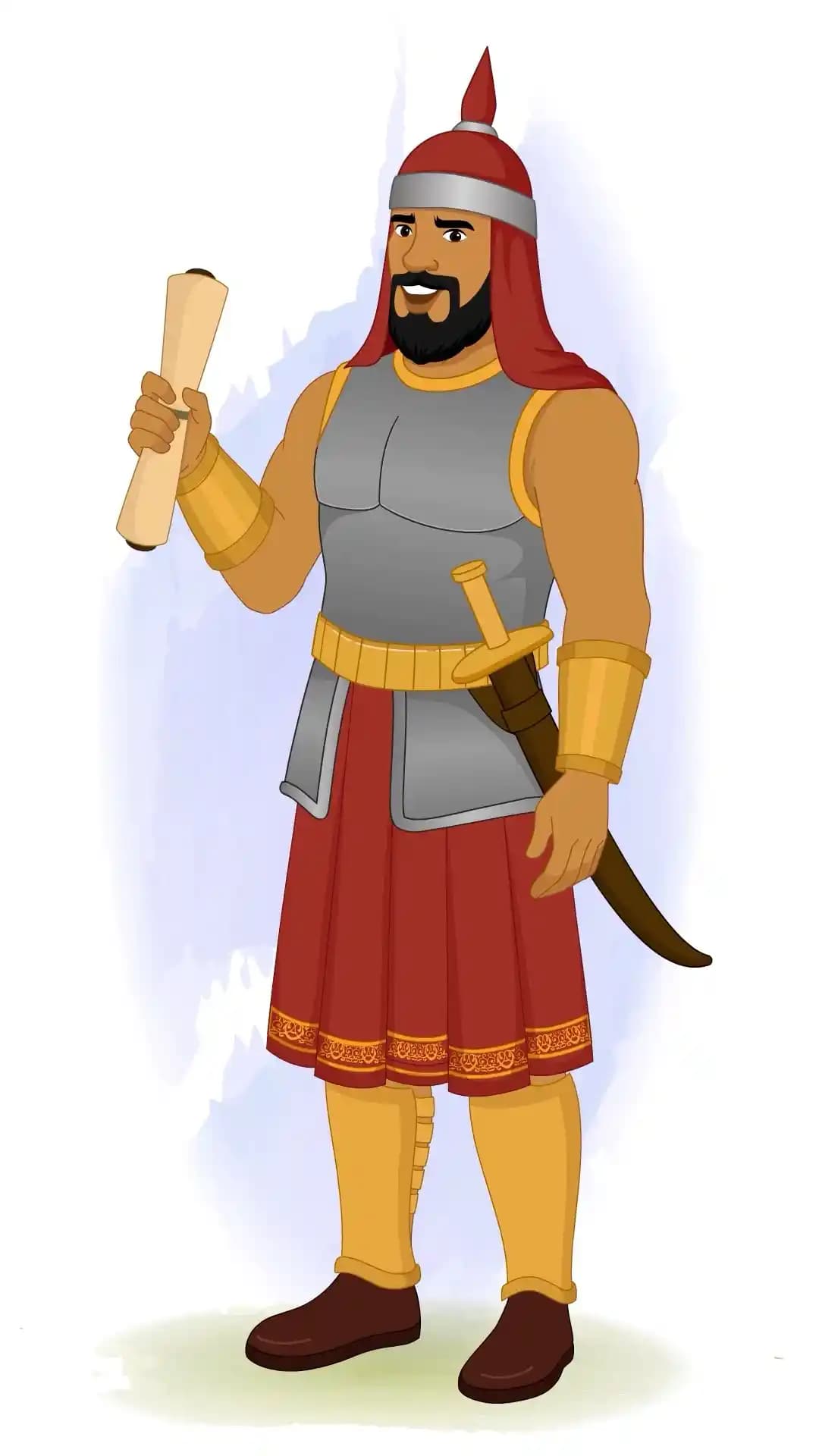 A medieval warrior in steel armor and red helmet drape holding an unrolled parchment scroll upright in his right hand, standing in a three-quarter frontal view with a confident expression AKA Adham Khan