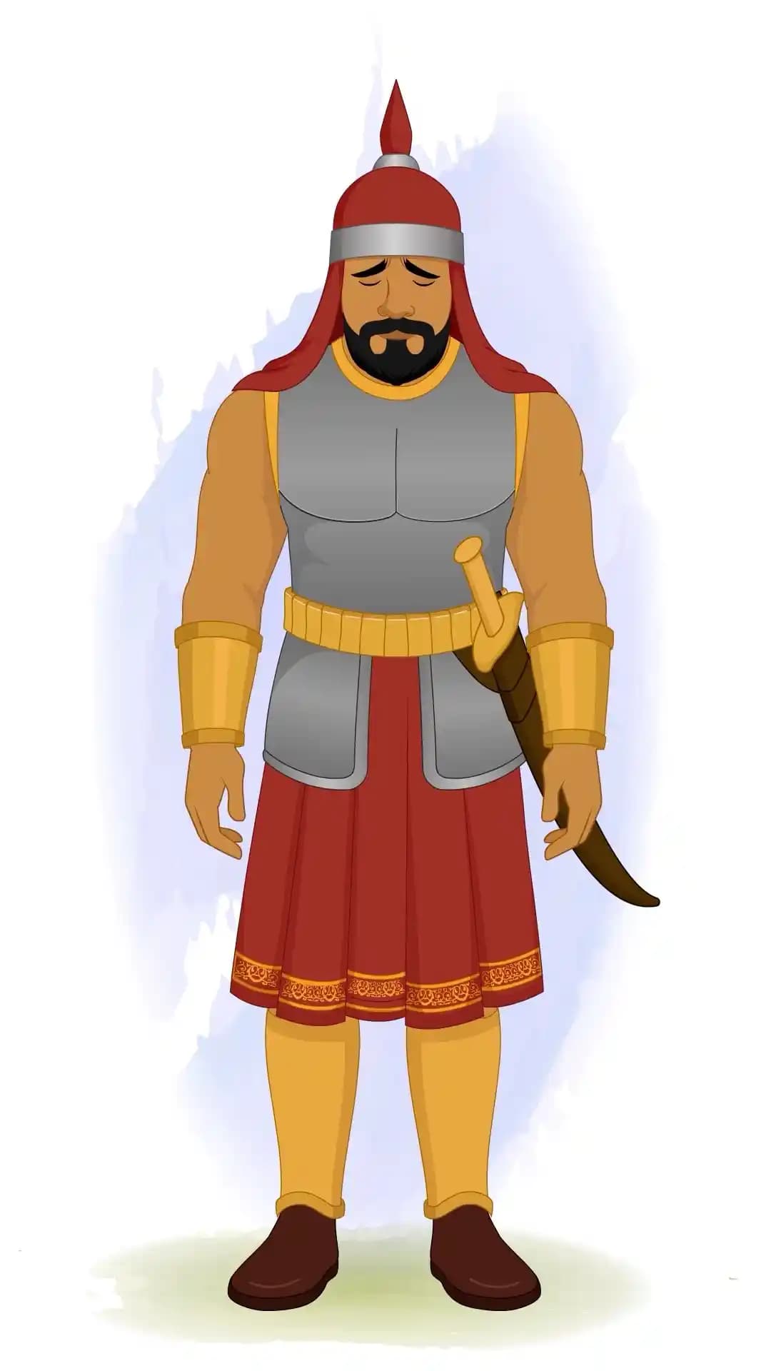 A medieval warrior in red-hooded helm and steel armor stands in a frontal pose with his arms dropping at his sides, palms facing forward and head bowed slightly in a gesture of shock or disbelief AKA adham khan
