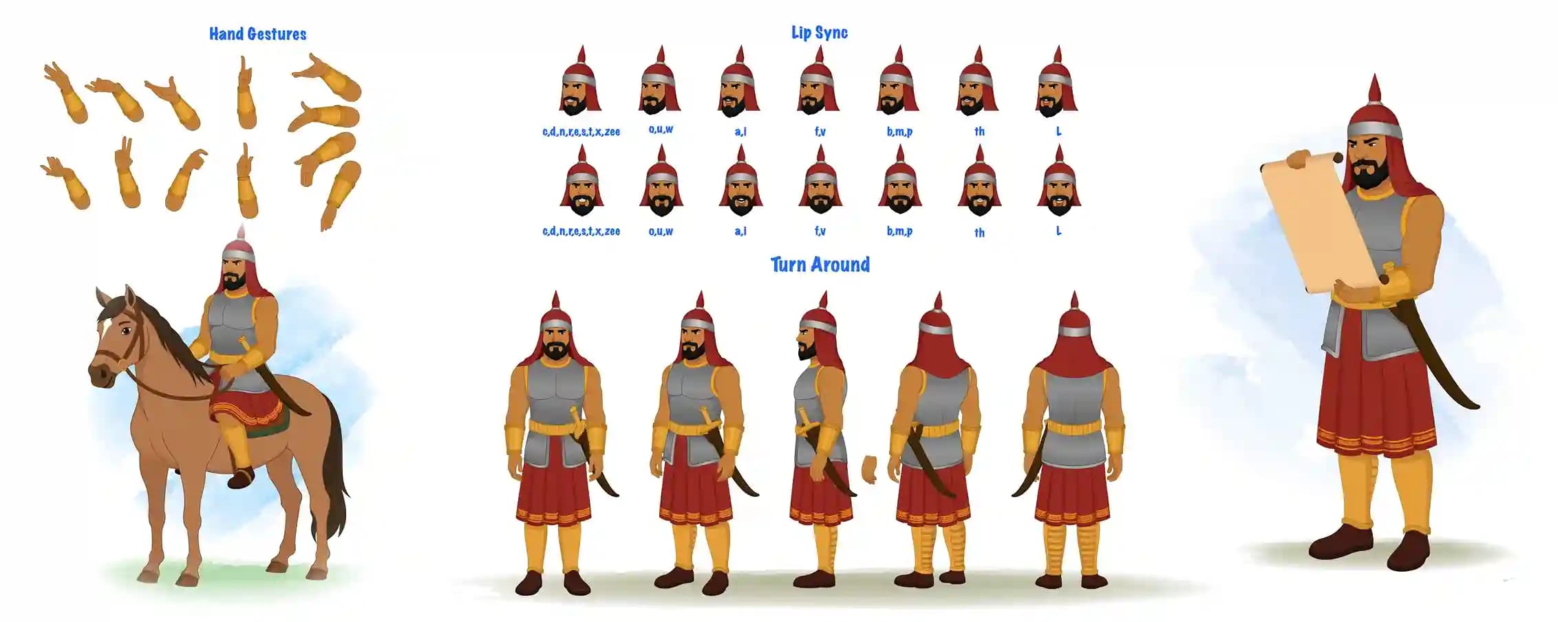 Model sheet of Sainik, an armored warrior cartoon character, featuring hand gesture library, lip-sync mouth shapes, 360° turnaround views, multiple emotion expressions, walk cycles, interactive props (scroll, horse), and dynamic action poses for animation AKA Adham Khan