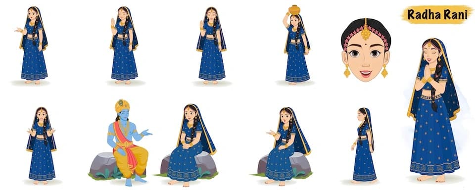 Radha rani animated vector cartoon character model sheet AKA Radha Rani