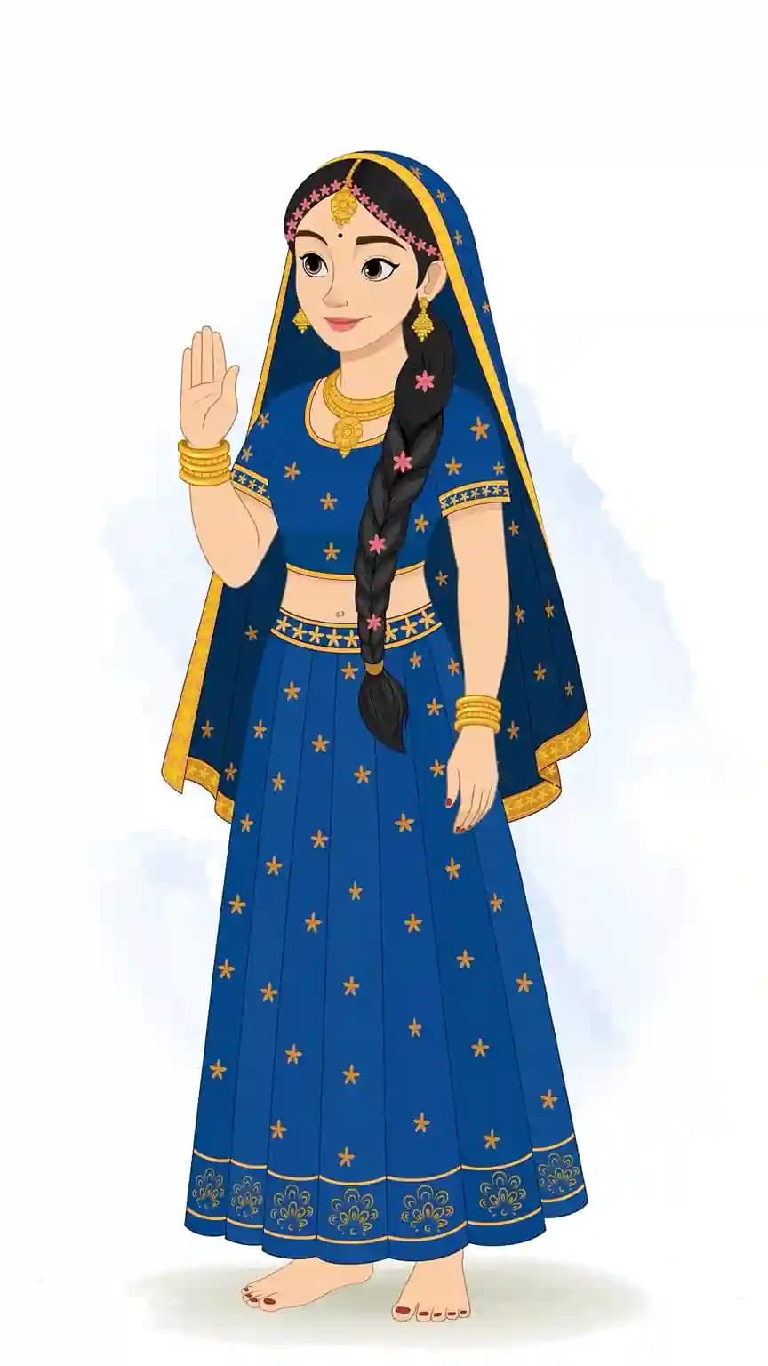 Radha Rani in a three-quarter view, dressed in a blue and gold embroidered lehenga-choli, barefoot with a long braid, offering blessings with her right hand raised in a graceful devotional gesture AKA Radha rani
