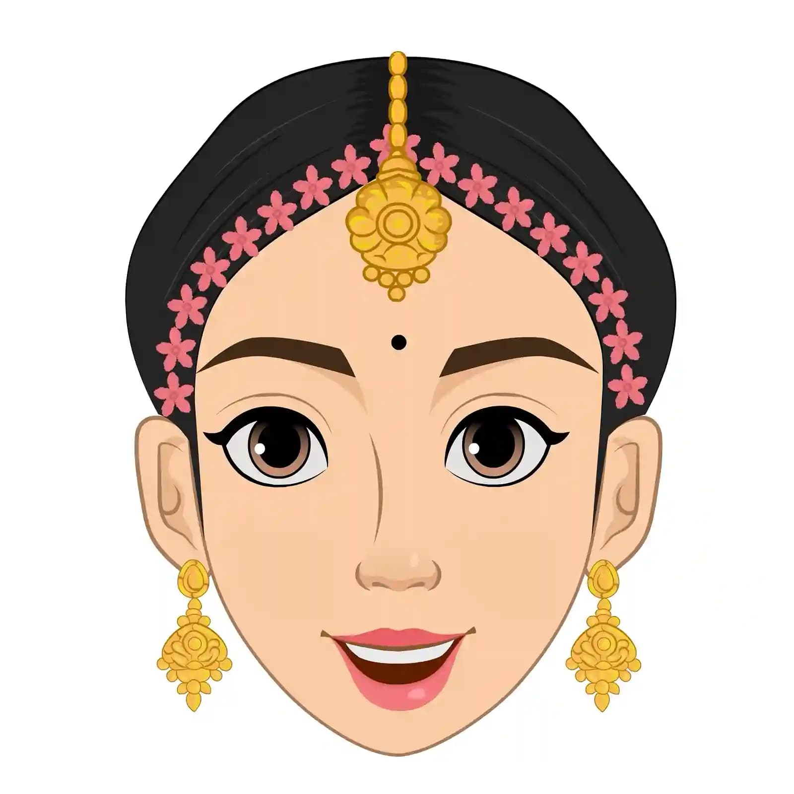 Vector sheet of Radha Rani’s 12 distinct facial expressions—showing emotions such as happy (smile), sad (teary), surprised (wide eyes), angry (frown), confused (raised brow), thoughtful (hand-on-chin), and more—rendered in a clean cartoon style against a plain background AKA Radha rani
