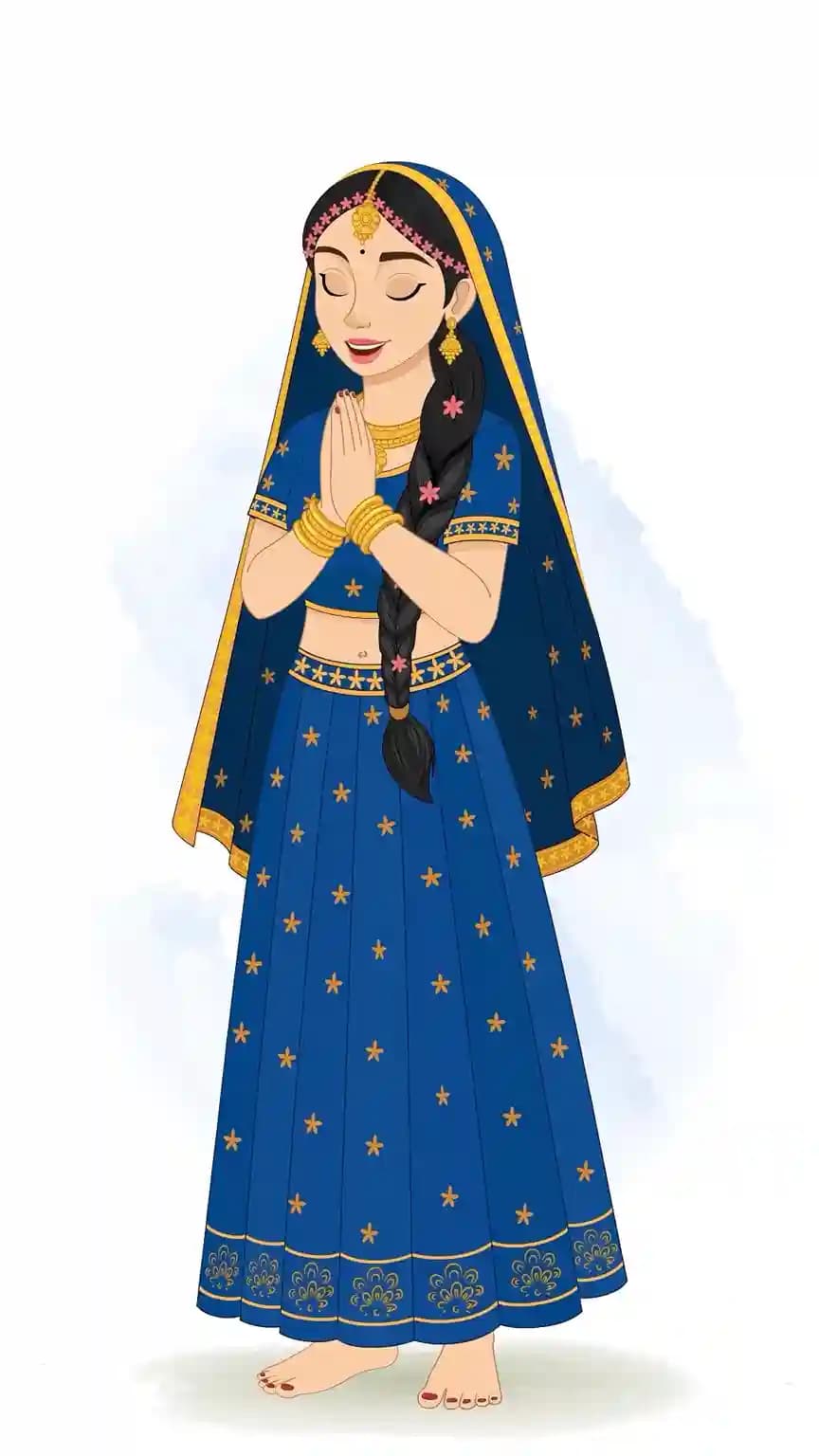 Full-body vector illustration of Radha Rani in a blue and gold lehenga performing a pranam greeting with folded hands, head slightly bowed, 3/4 view AKA Radha rani