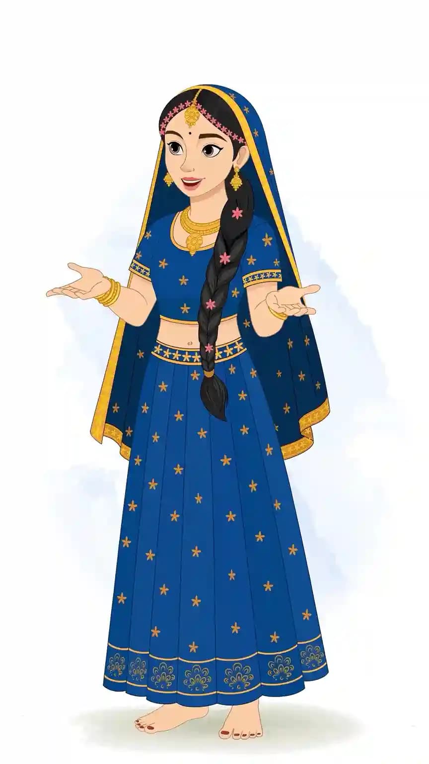 Full-body 3/4 vector illustration of Radha Rani in a blue and gold lehenga speaking with open hands, expressive dialogue gesture AKA Radha rani