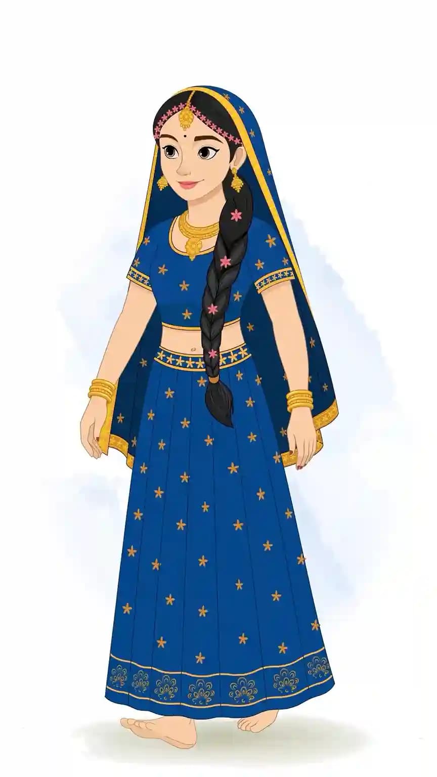One-third perspective vector illustration of Radha Rani in blue-gold lehenga taking a graceful walking step AKA Radha rani
