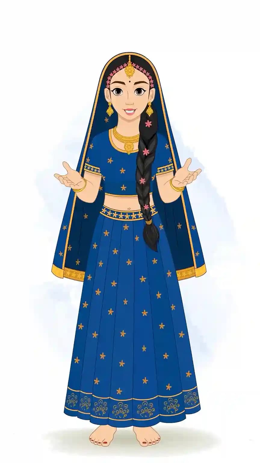 Vector illustration of Radha Rani in a blue-gold lehenga standing front-facing with both palms open in a friendly talking gesture AKA Radha rani