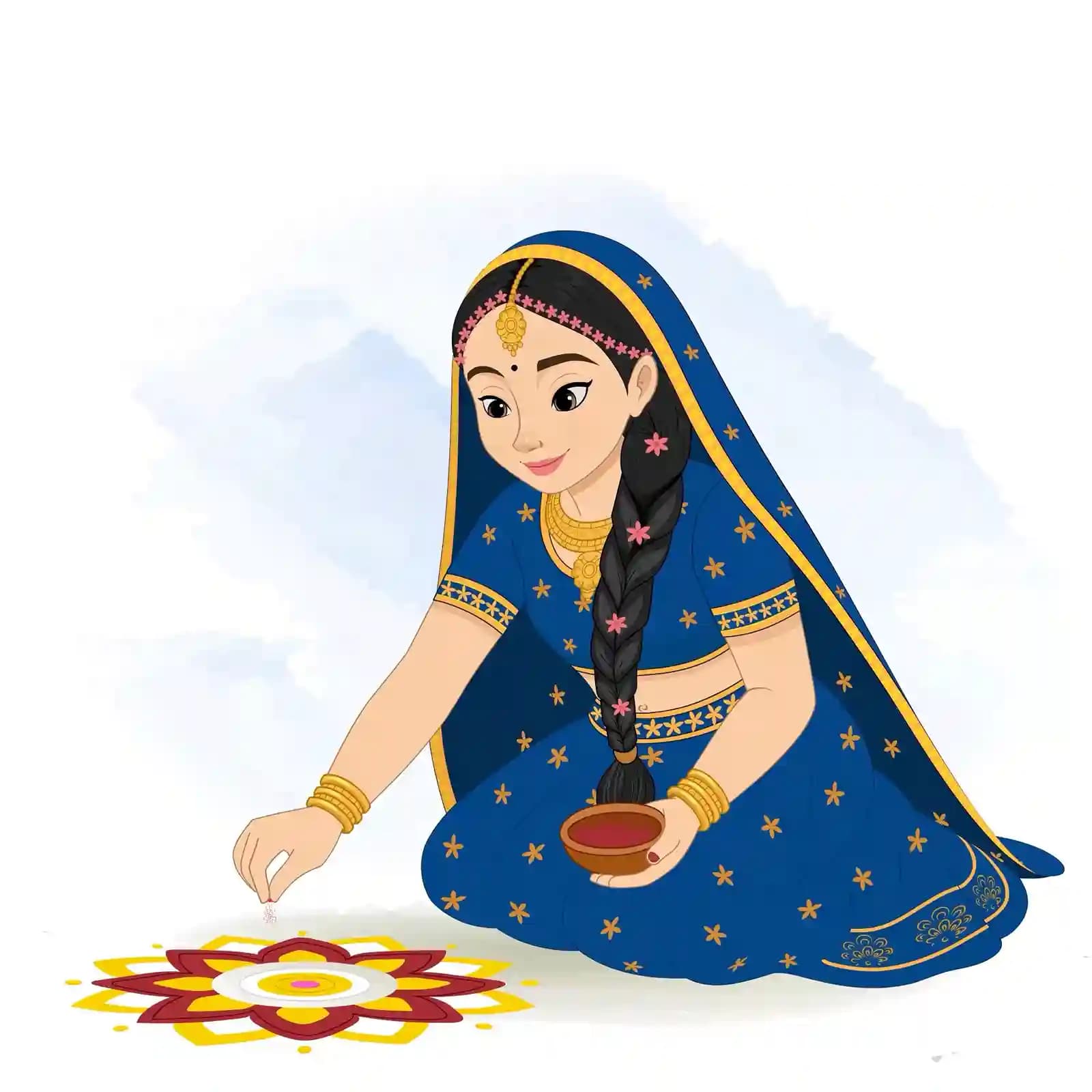 Vector illustration of Radha Rani in a blue-gold lehenga kneeling and crafting a colorful rangoli pattern with her hands AKA Radha rani
