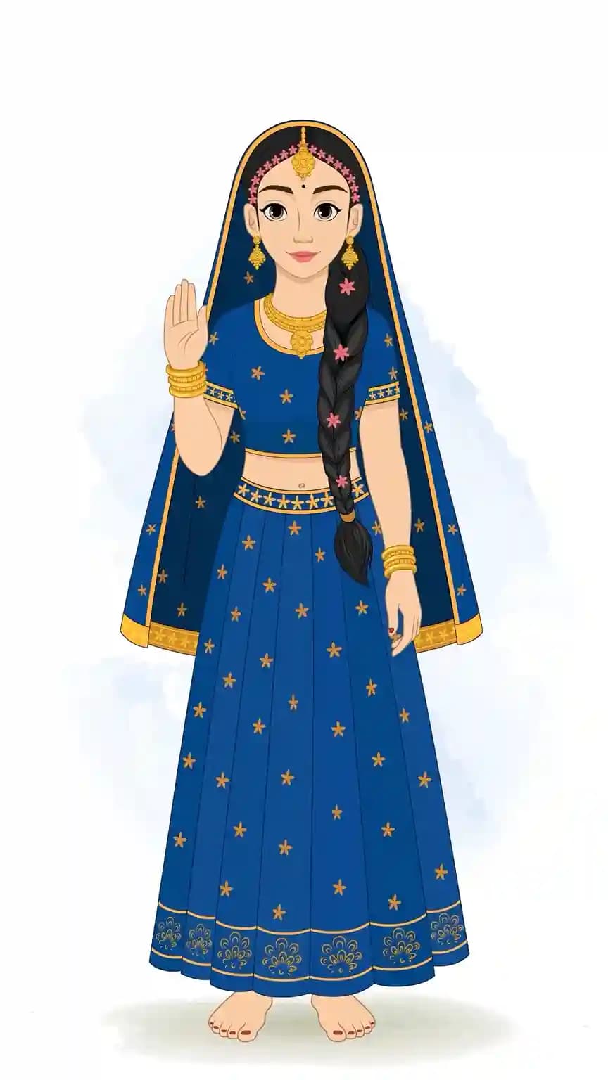 Vector illustration of Radha Rani in a blue and gold lehenga standing front-facing with her right hand raised in a traditional blessing gesture AKA Radha rani