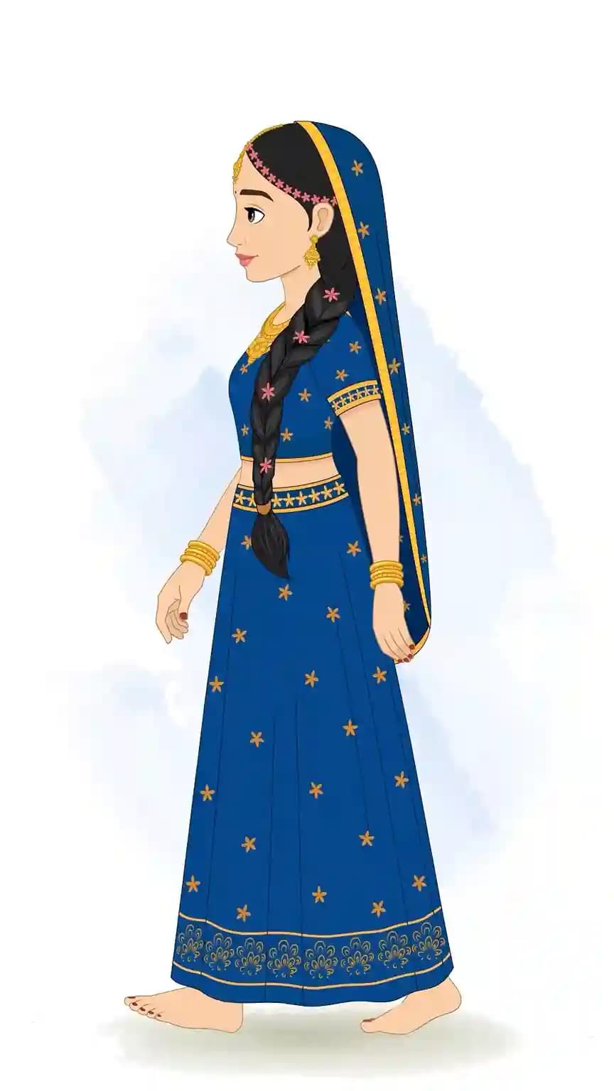 Vector illustration of Radha Rani in a blue and gold lehenga walking sideways in profile view with her hands relaxed by her sides AKA Radha Rani