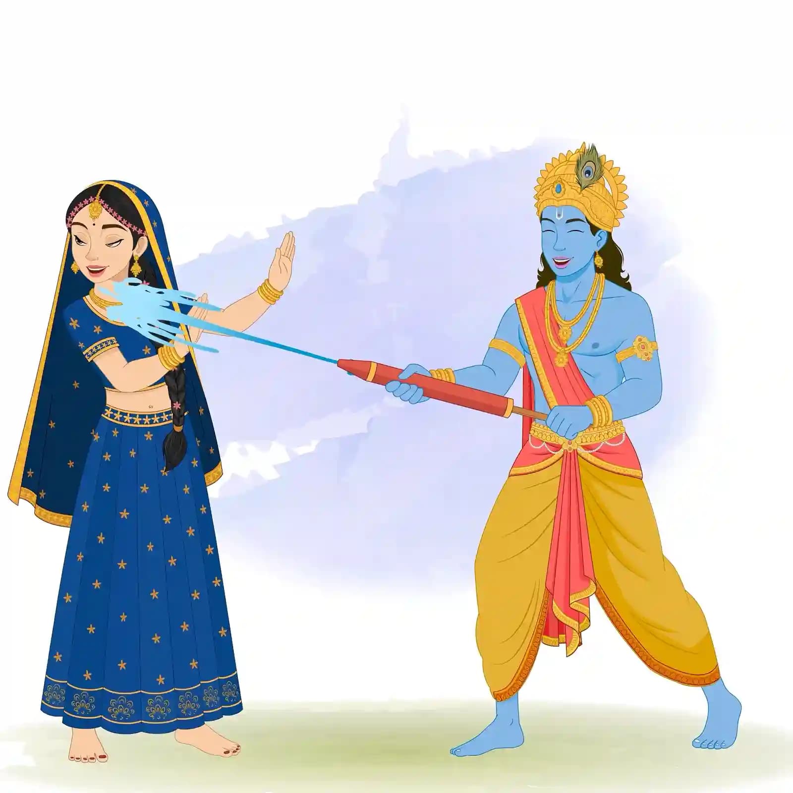 Vector illustration of Radha Rani and Lord Krishna playfully celebrating Holi—Krishna squirting blue water color at Radha as she raises her hand in surprise AKA Radha rani