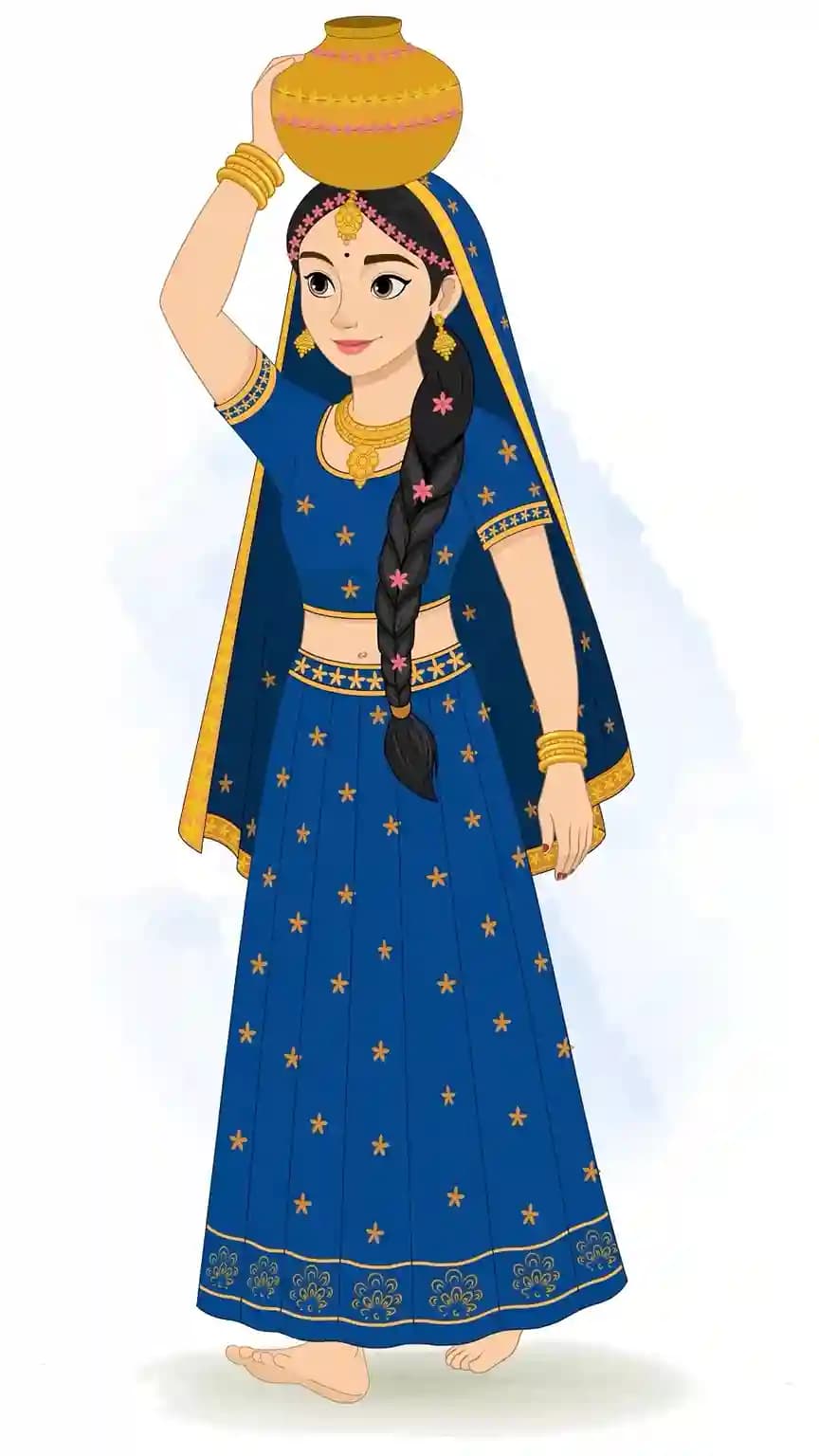 Vector illustration of Radha Rani balancing a clay pot on her head while walking in traditional attire AKA Radha rani