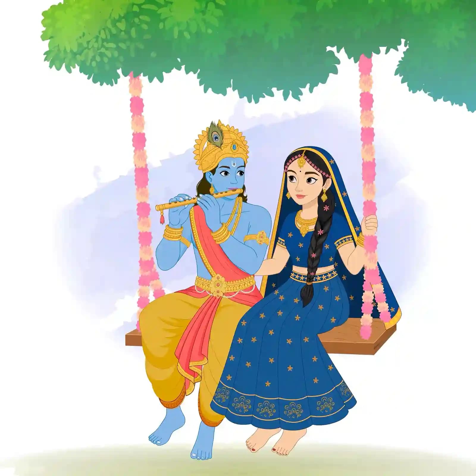Vector illustration of Radha Rani and Lord Krishna sitting together on a flower-decorated tree swing (jhula), with Krishna playing his flute and Radha smiling beside him under lush green foliage AKA Radha rani