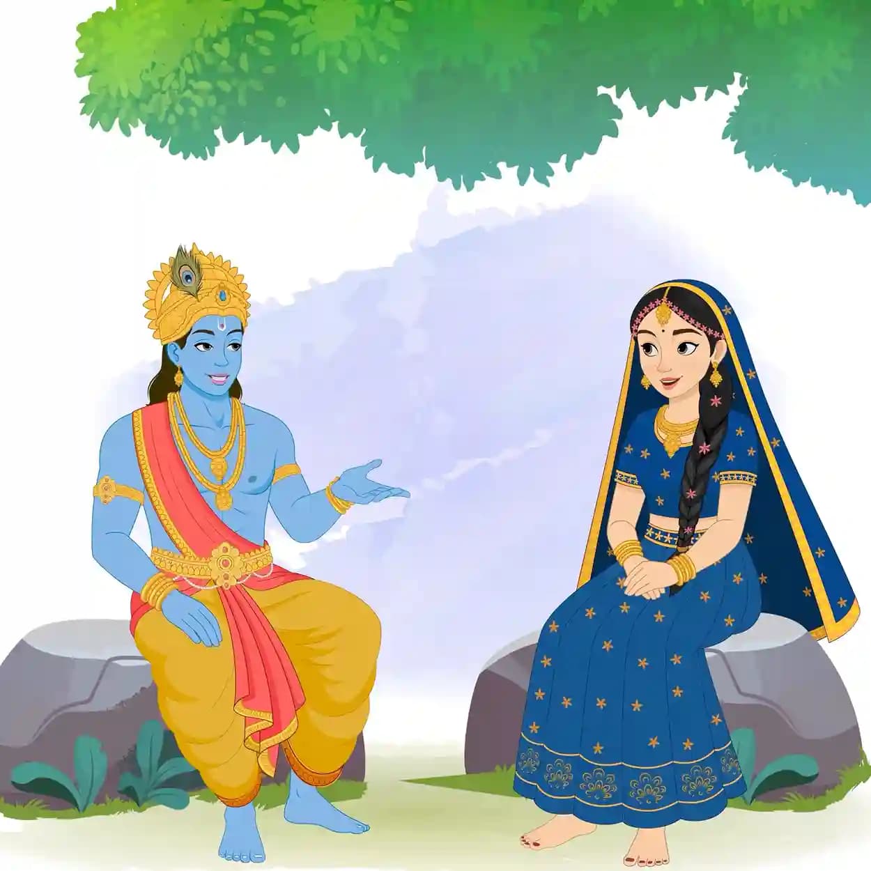 Vector illustration of Radha Rani and Lord Krishna seated on stone seats under a leafy tree, engaged in a heartfelt conversation—Krishna gesturing with his hand while Radha listens attentively in her traditional blue sari and gold jewelry AKA Radha rani