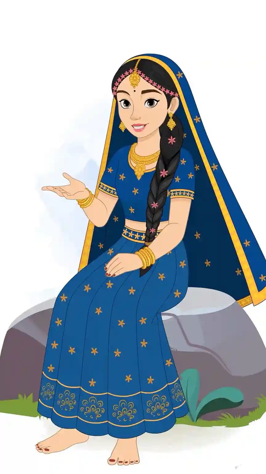 Vector illustration of Radha Rani seated on a stone under a tree, gesturing with one hand as she speaks, dressed in a blue embroidered sari and gold jewelry, with a serene forest background AKA Radha rani