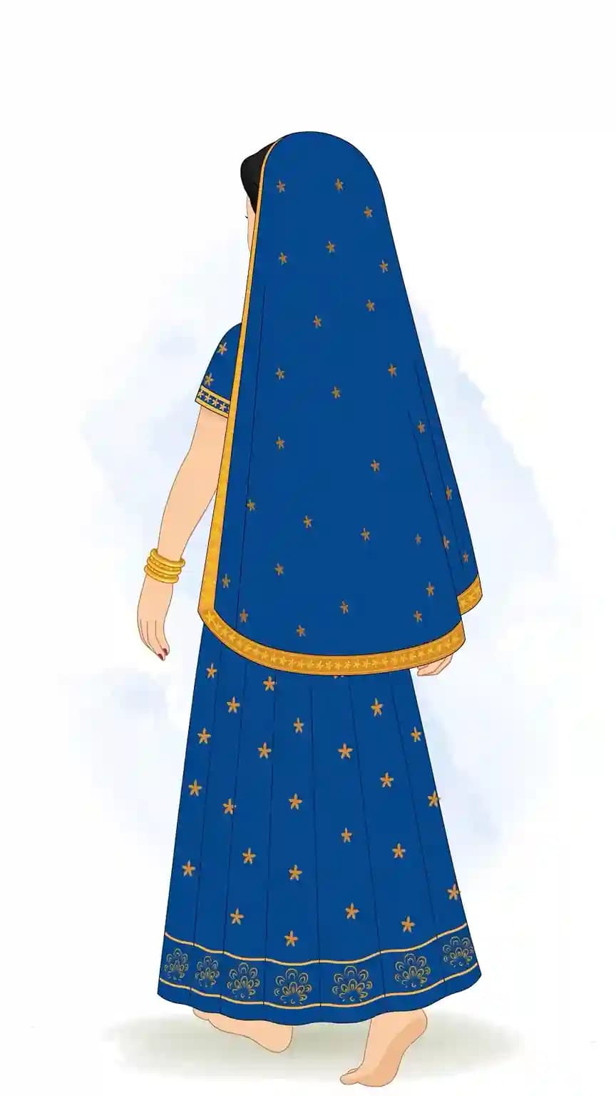 Vector illustration of Radha Rani walking away at a three-quarter rear view, showcasing her blue embroidered sari and flowing veil, with one foot lifted mid-stride on a neutral background AKA Radha rani