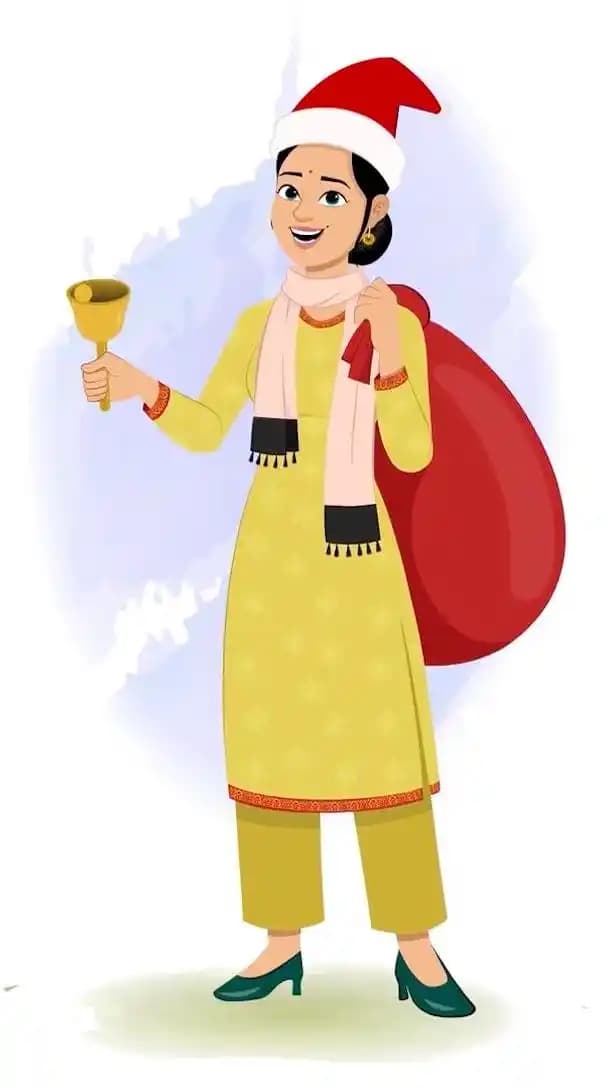 An Indian christmas woman standing with a sack full of gifts and ringing bell animated vector cartoon character AKA Sandhya